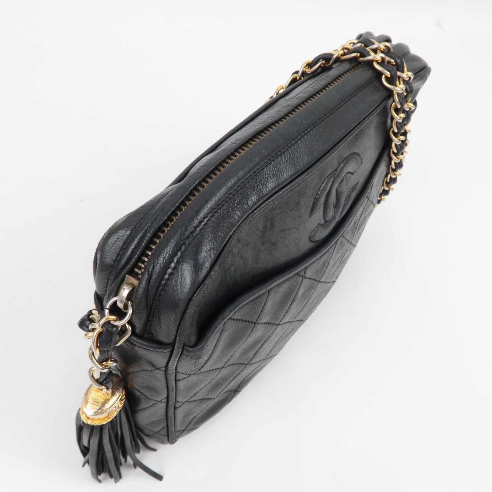 CHANEL Tassel Matelasse Chain Shoulder Bag Lambskin Black 0866733