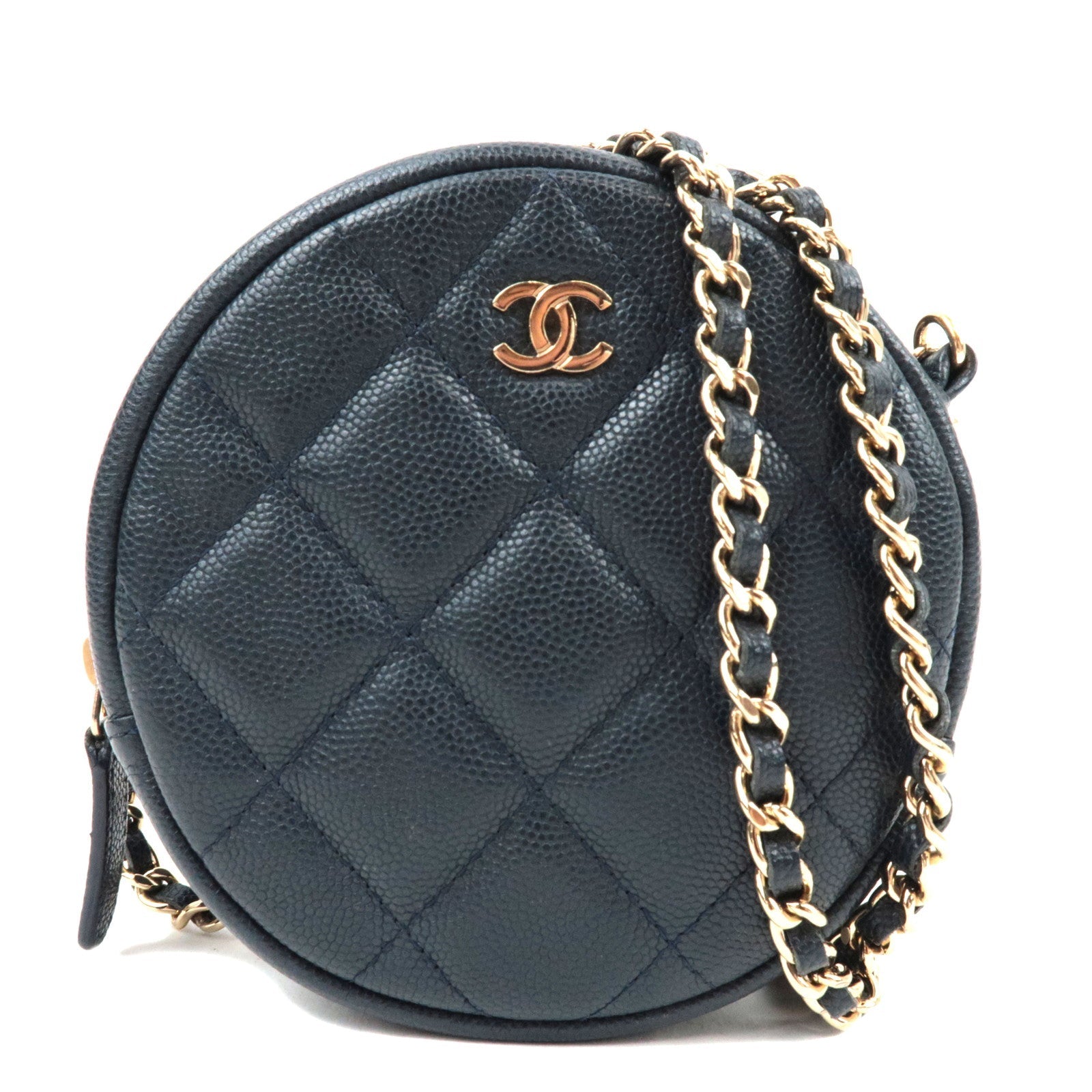 CHANEL Round Chain Shoulder Bag Caviar Skin Navy 2653099775359