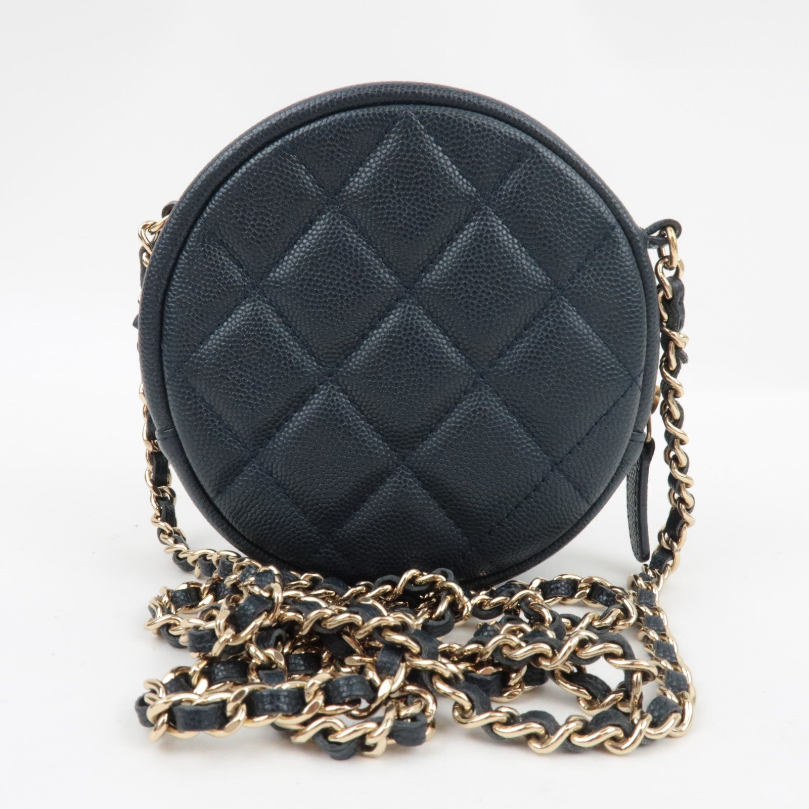 CHANEL Round Chain Shoulder Bag Caviar Skin Navy 26530997