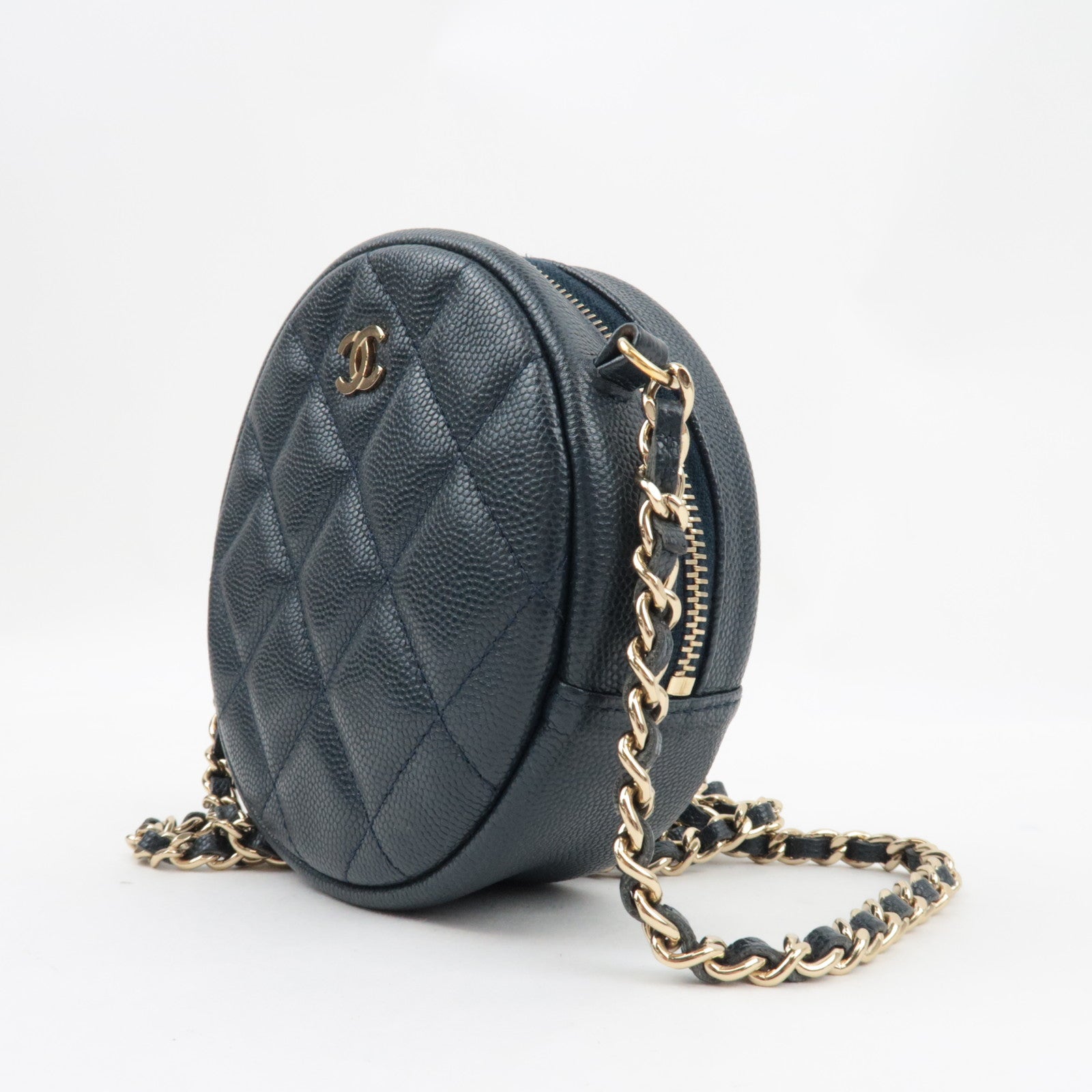 CHANEL Round Chain Shoulder Bag Caviar Skin Navy 26530997