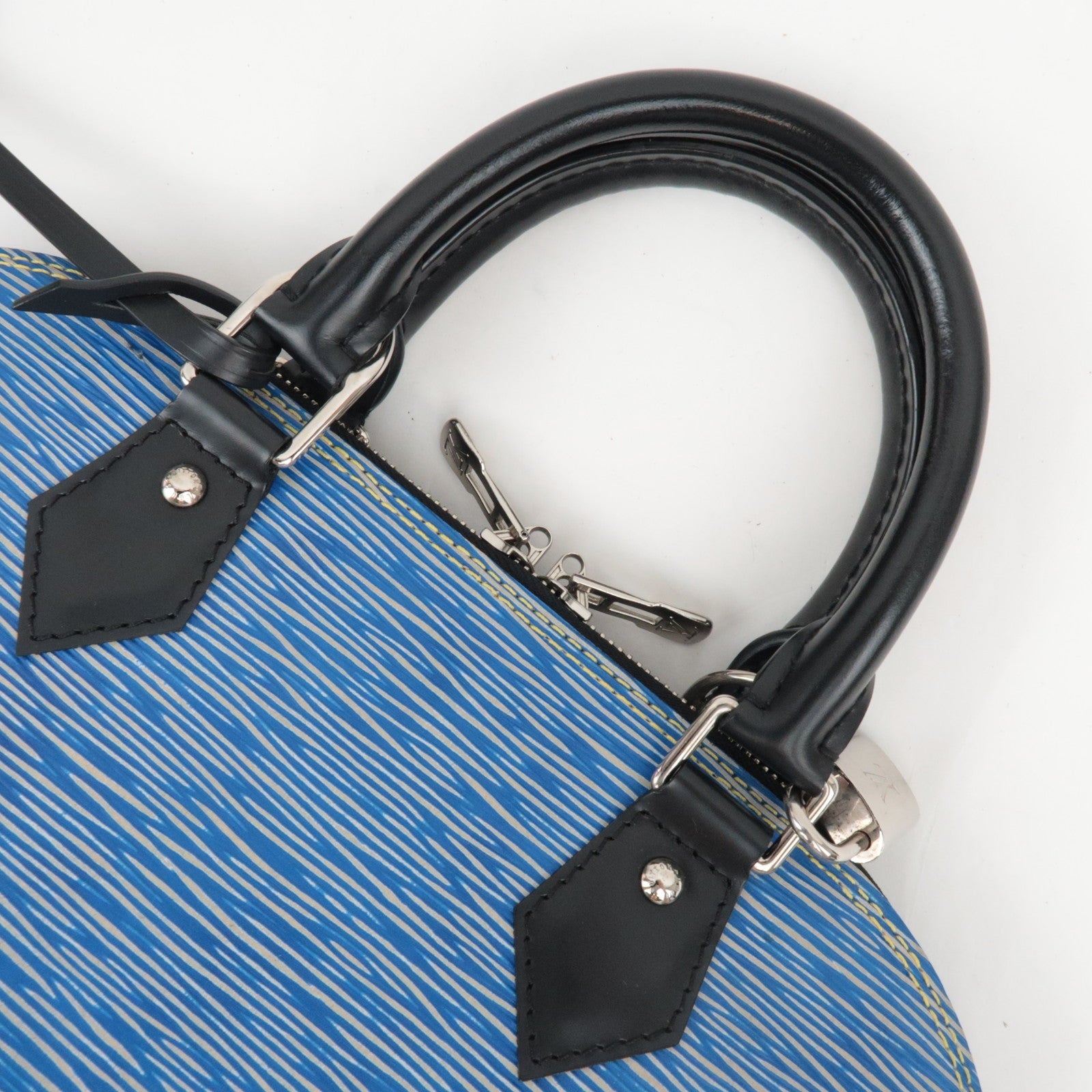 Louis Vuitton Epi Denim Alma PM Handbag Denim Blue M51052 SD0146 Key Lock, Clochette