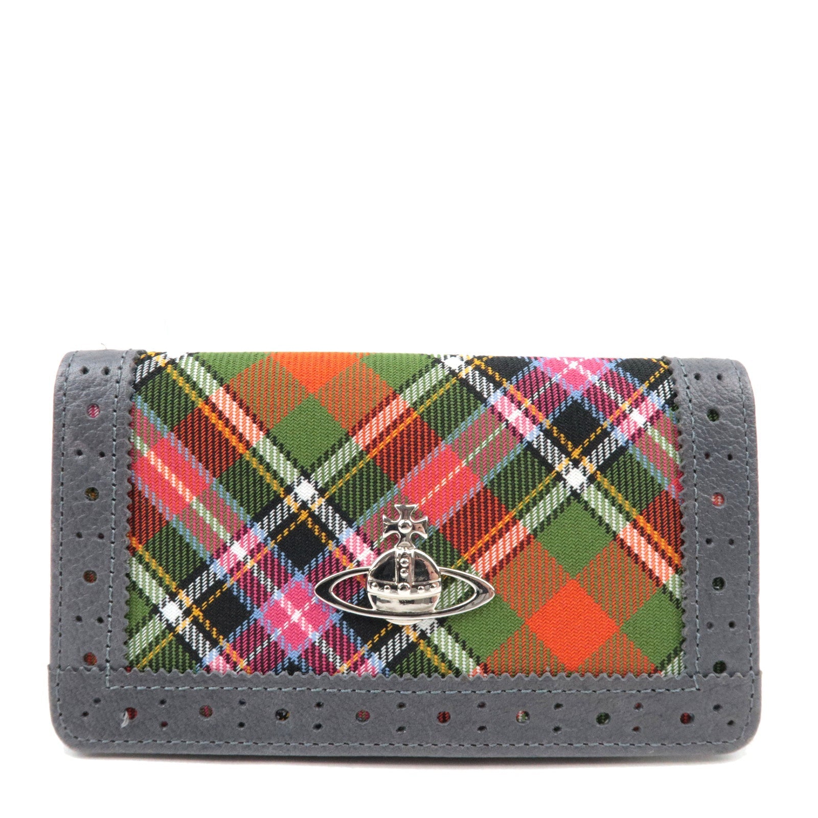Vivienne Westwood Plaid Pattern Canvas Leather Key Case Grey Multicolor   75433
