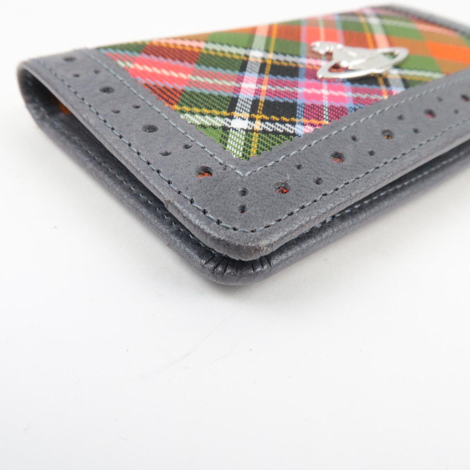 Vivienne Westwood Plaid Pattern Canvas Leather Key Case Grey Multicolor