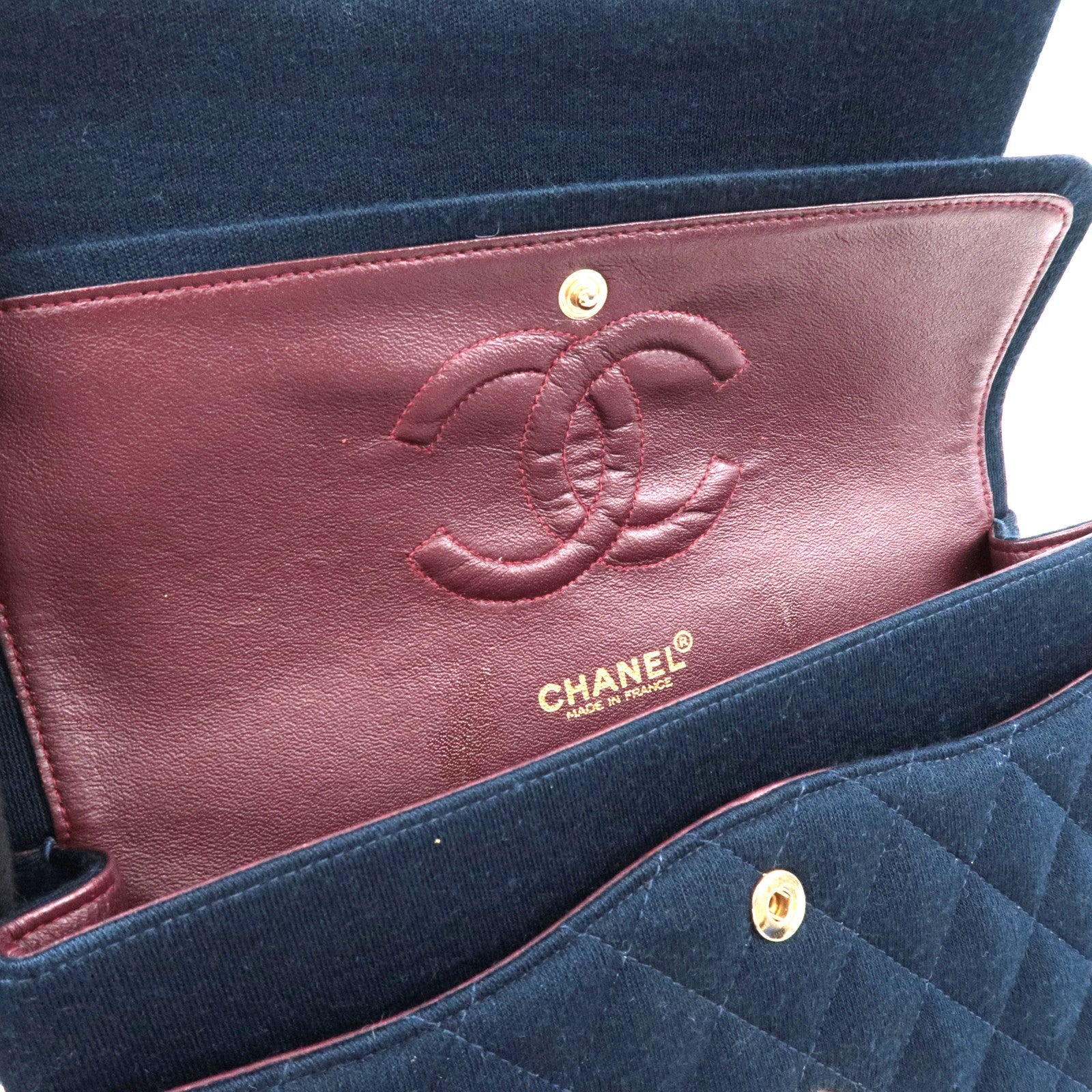 CHANEL Matelasse 25 Double Flap Chain Shoulder Bag Cotton Navy Gold HDW 7129052