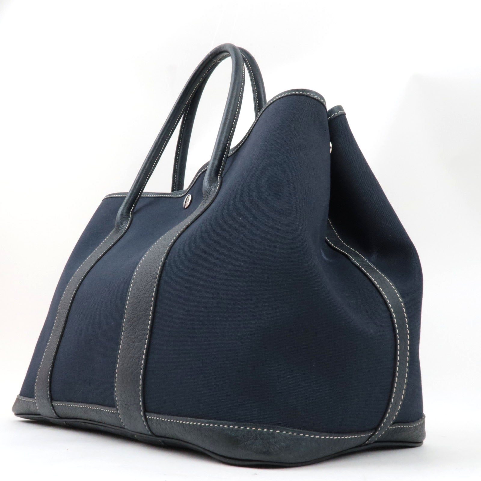 HERMES Garden Party PM Tote Bag Canvas Leather Navy □I STAMP (2005)
