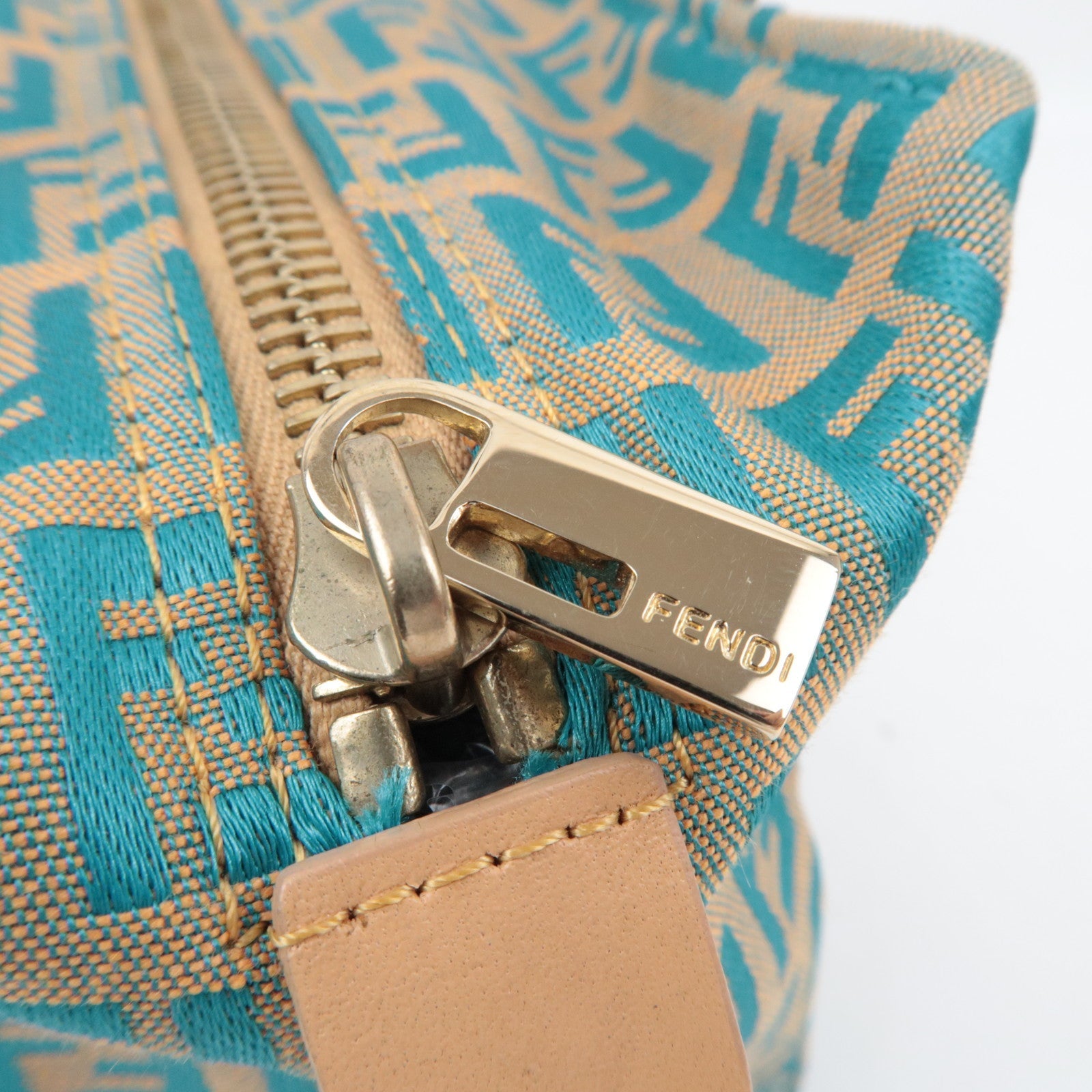 FENDI Zucchino Handbag Canvas Leather Beige Blue 8N0000 *Dust bag