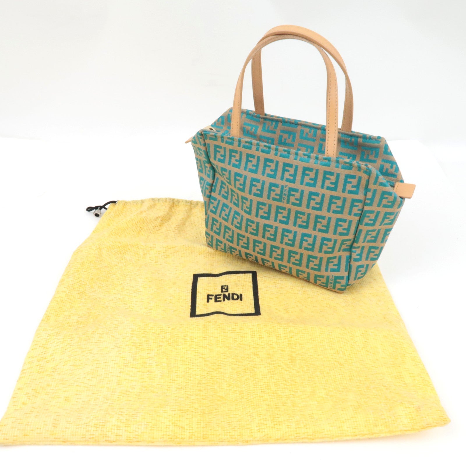 FENDI Zucchino Handbag Canvas Leather Beige Blue 8N0000 *Dust bag