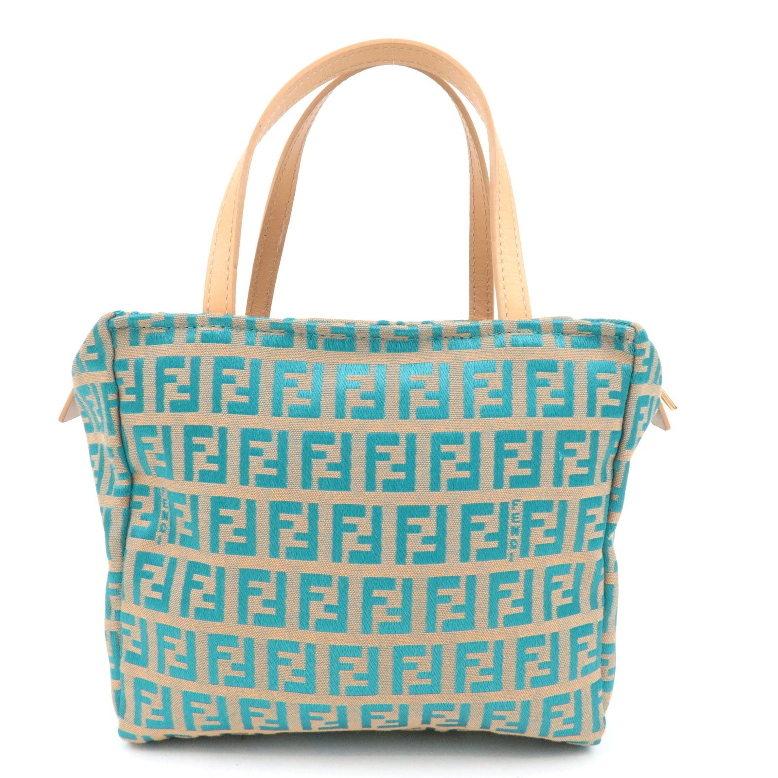 FENDI Zucchino Handbag Canvas Leather Beige Blue 8N0000 *Dust bag