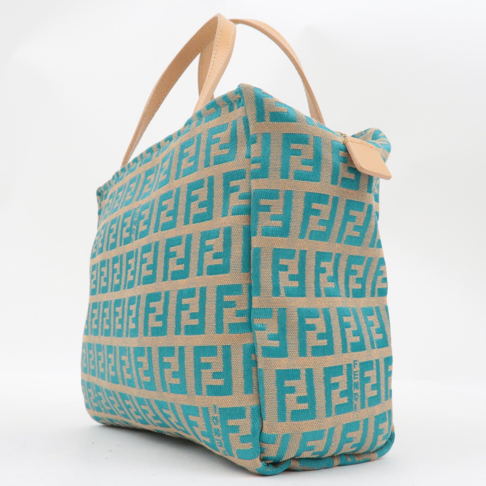 FENDI Zucchino Handbag Canvas Leather Beige Blue 8N0000 *Dust bag