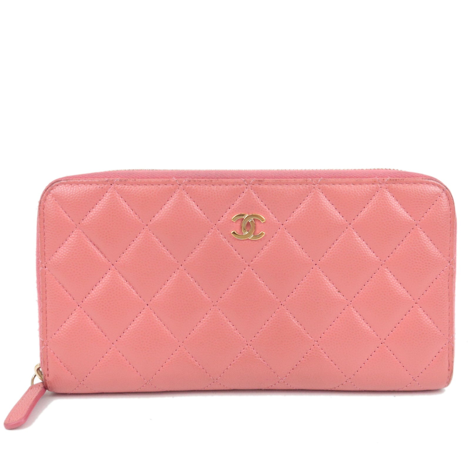 CHANEL Matelasse Round Zipper Long Wallet Caviar Skin Pink *Box, Dust bag, G card75790