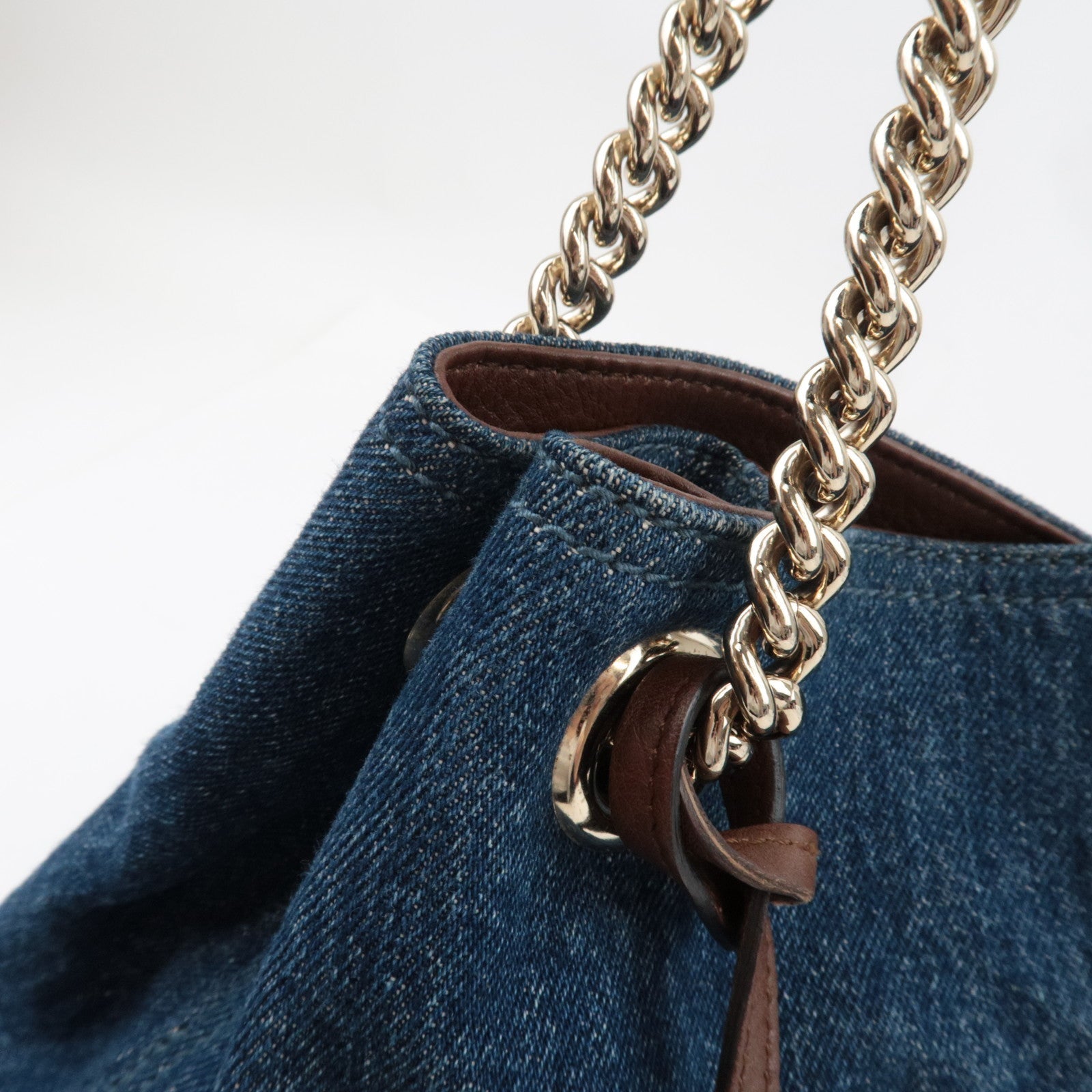 GUCCI Soho Interlocking G Chain Shoulder Bag Denim Leather Blue Brown 308982