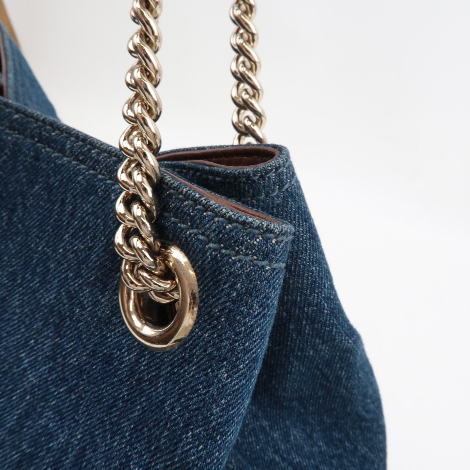 GUCCI Soho Interlocking G Chain Shoulder Bag Denim Leather Blue Brown 308982