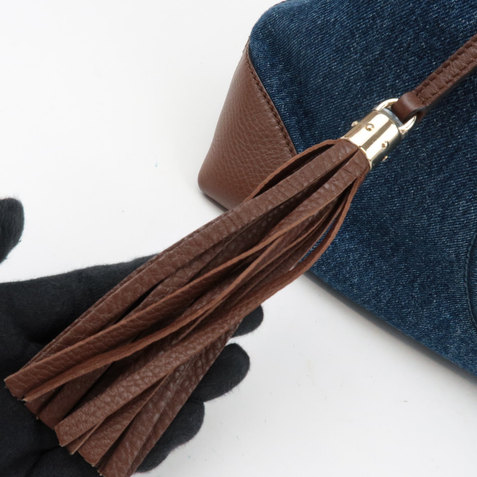 GUCCI Soho Interlocking G Chain Shoulder Bag Denim Leather Blue Brown 308982