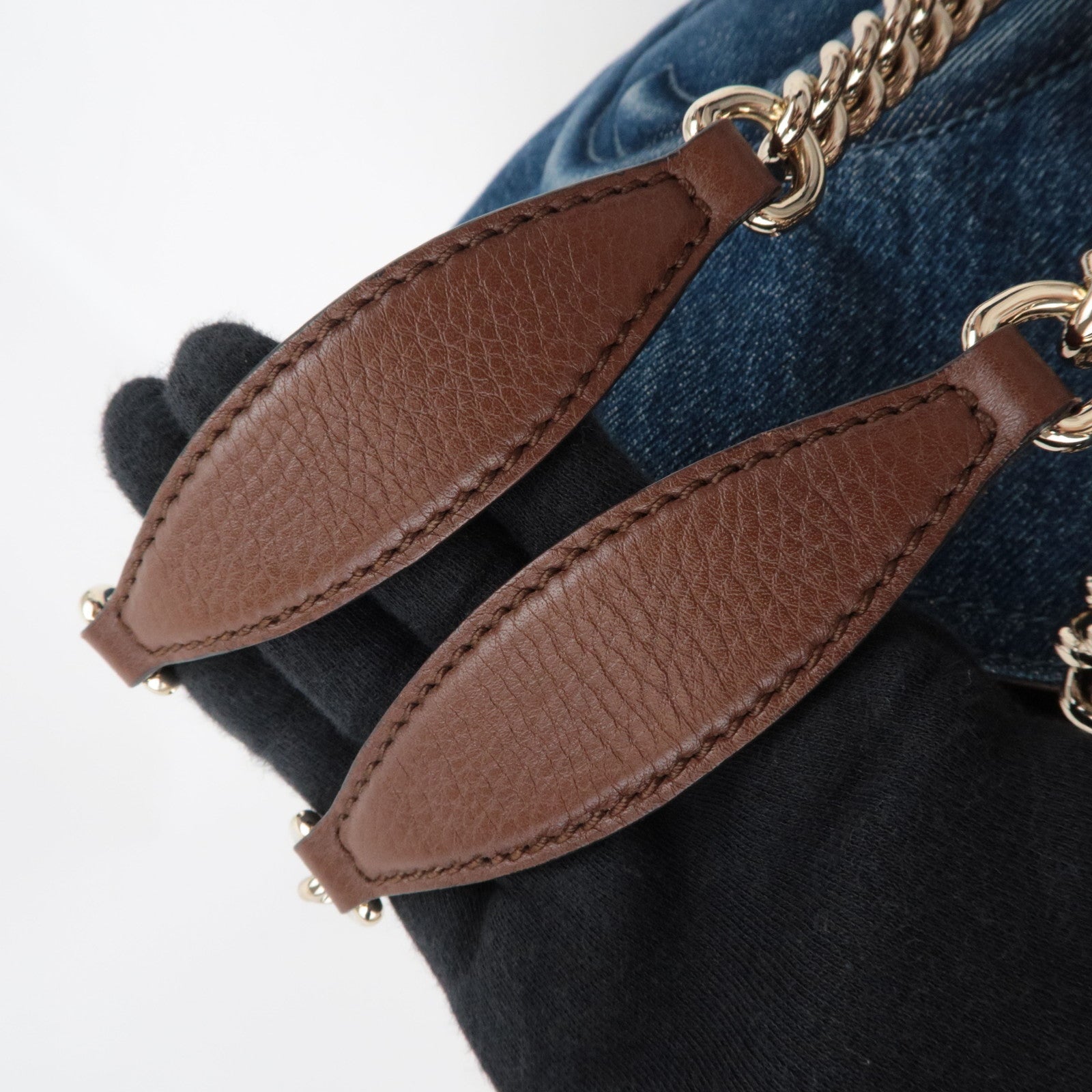 GUCCI Soho Interlocking G Chain Shoulder Bag Denim Leather Blue Brown 308982