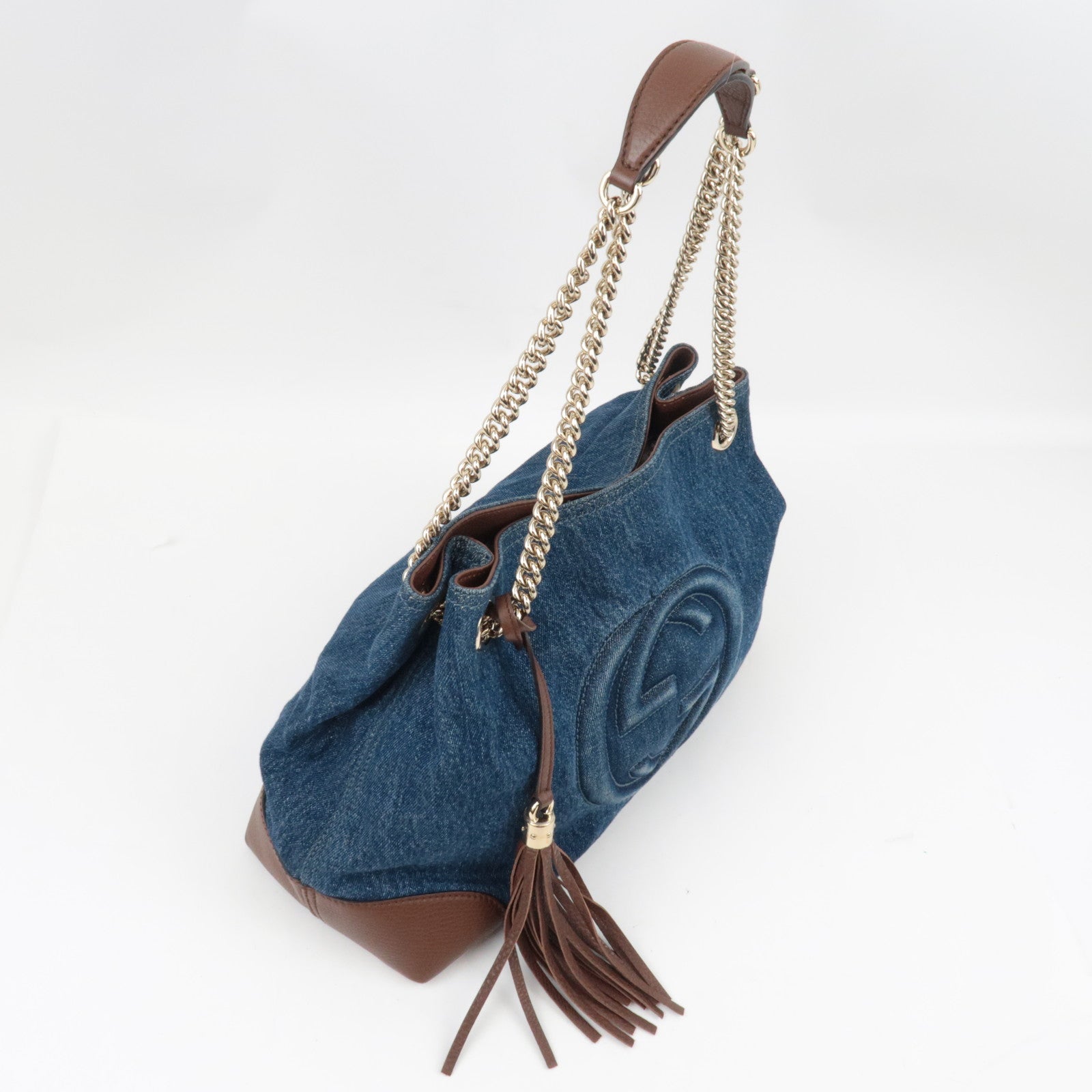 GUCCI Soho Interlocking G Chain Shoulder Bag Denim Leather Blue Brown 308982