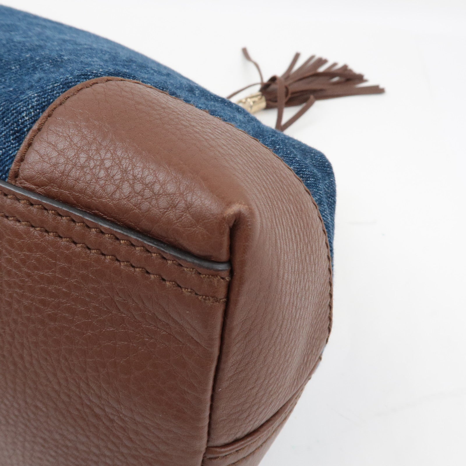 GUCCI Soho Interlocking G Chain Shoulder Bag Denim Leather Blue Brown 308982