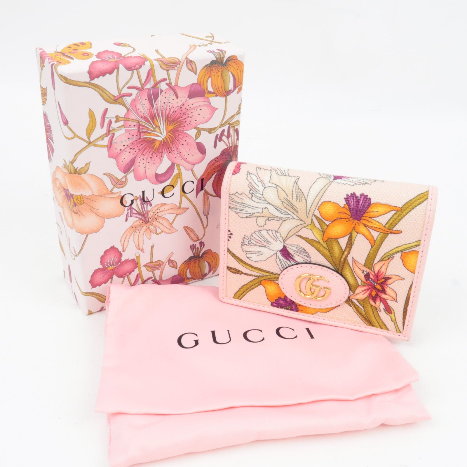 GUCCI GG Marmont Flora Bi-Fold Wallet Japan Limited Canvas Leather Pink 577347 *Box, Dust bag