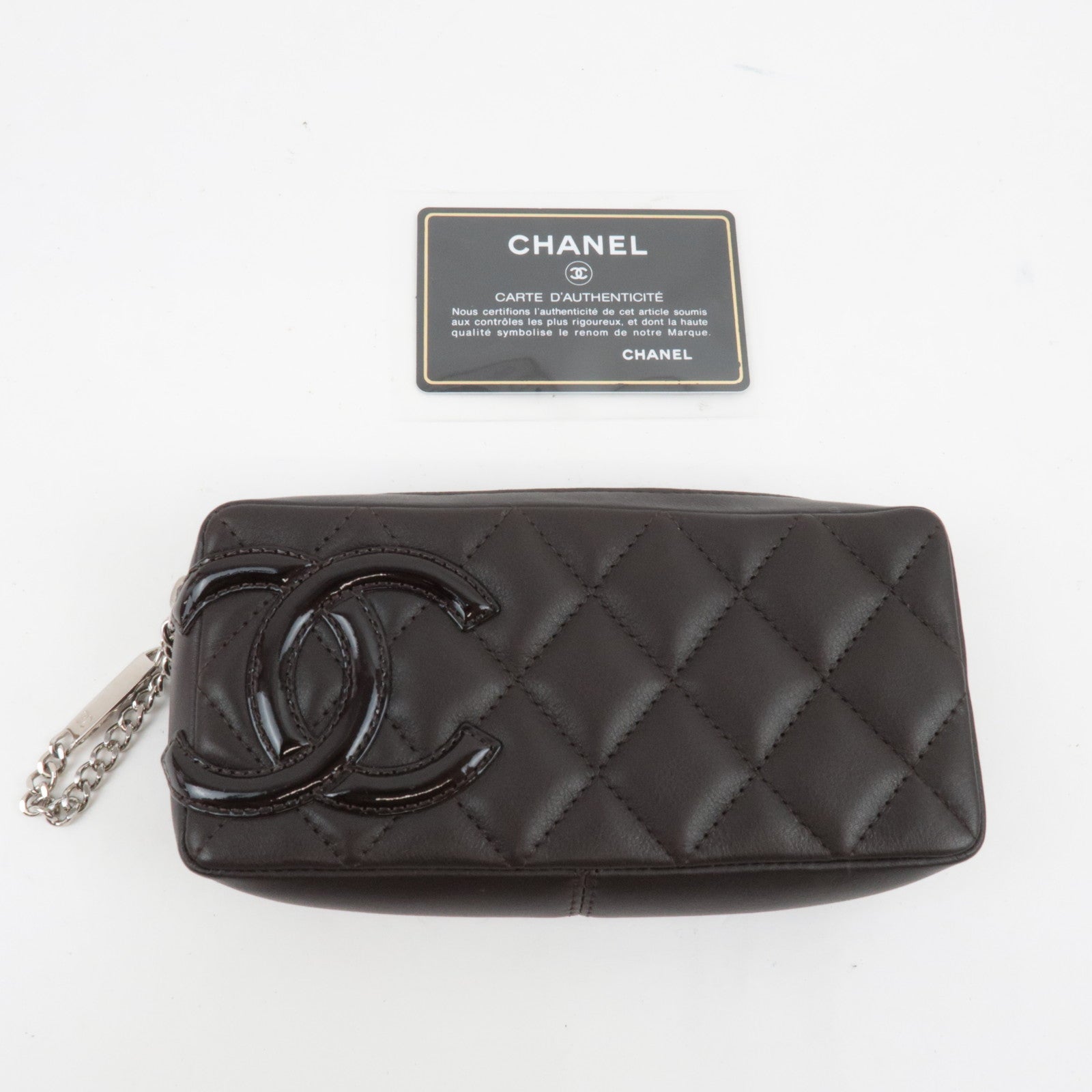 CHANEL Cambon Line Matelasse Pouch Lambskin Leather Dark Brown 10388472 *Guarantee Card