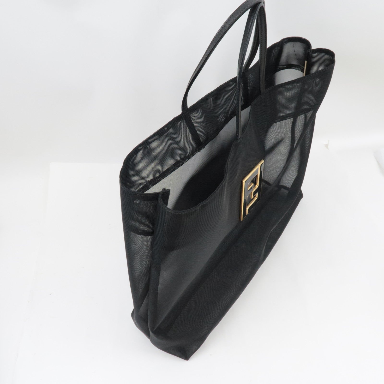 FENDI Mesh Tote Bag Hand Bag Leather Black *Dust bag