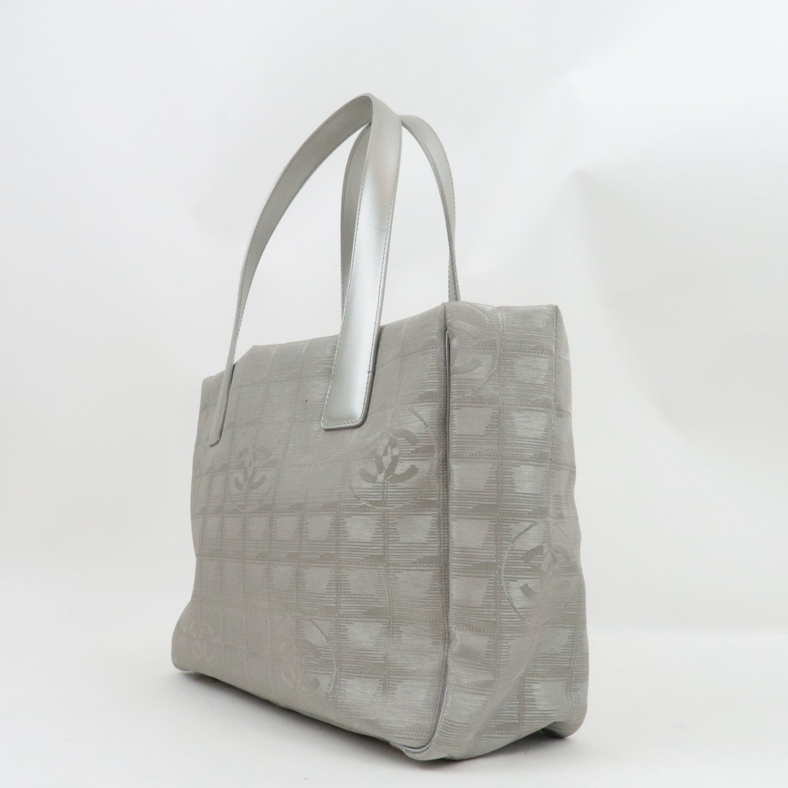 CHANEL New Travel Line Tote PM Nylon Jacquard Leather Silver A20457 8626889 *G Card