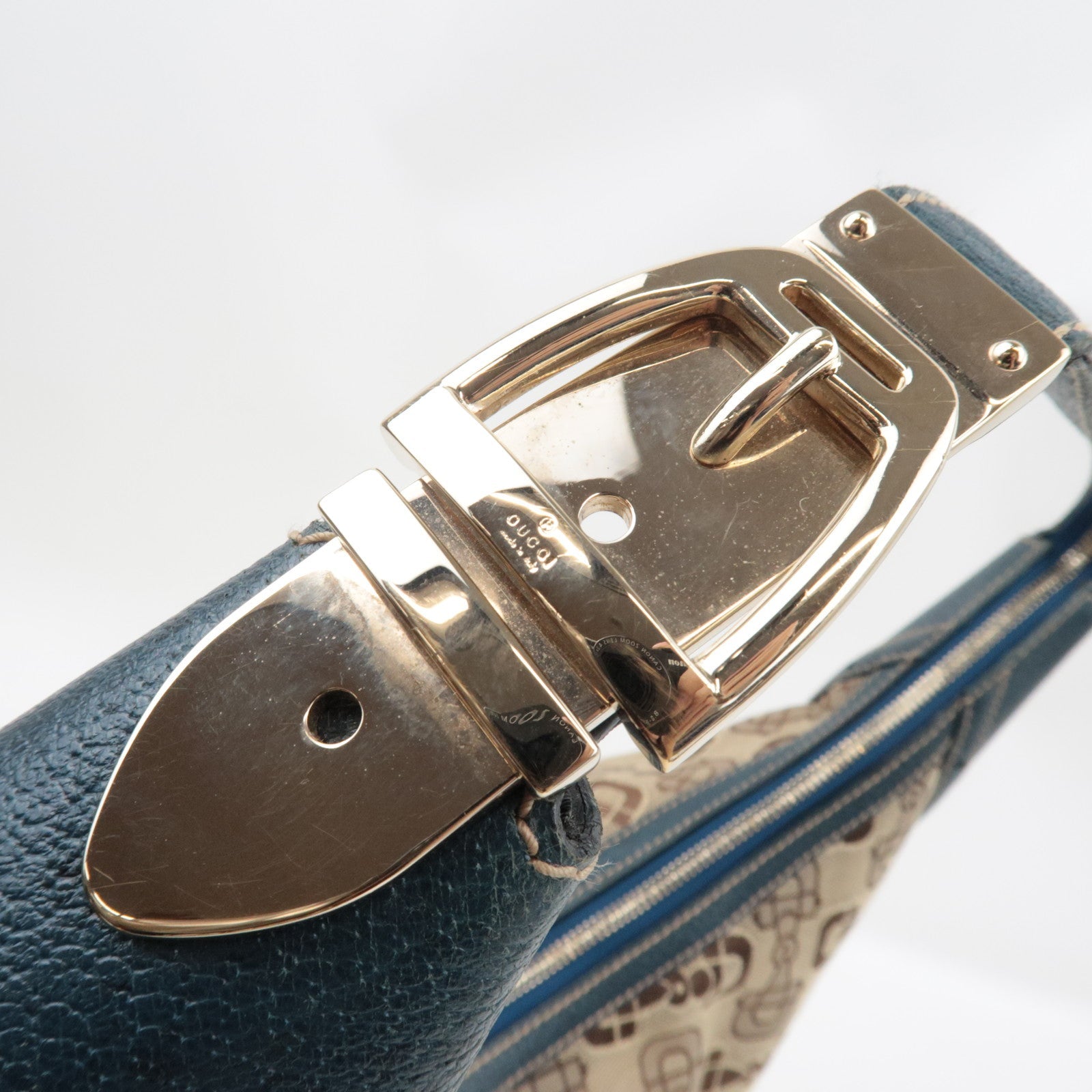 GUCCI Horsebit One-Shoulder Bag Canvas Leather Beige Blue 145767