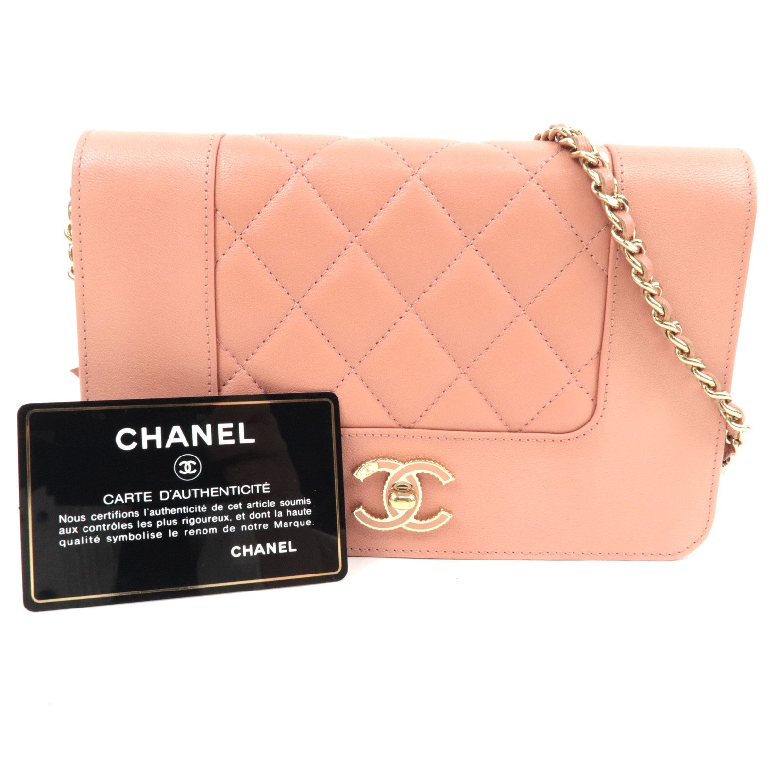CHANEL Mademoiselle Matelasse Chain Wallet WOC Leather Pink A80972 26587340 *G card