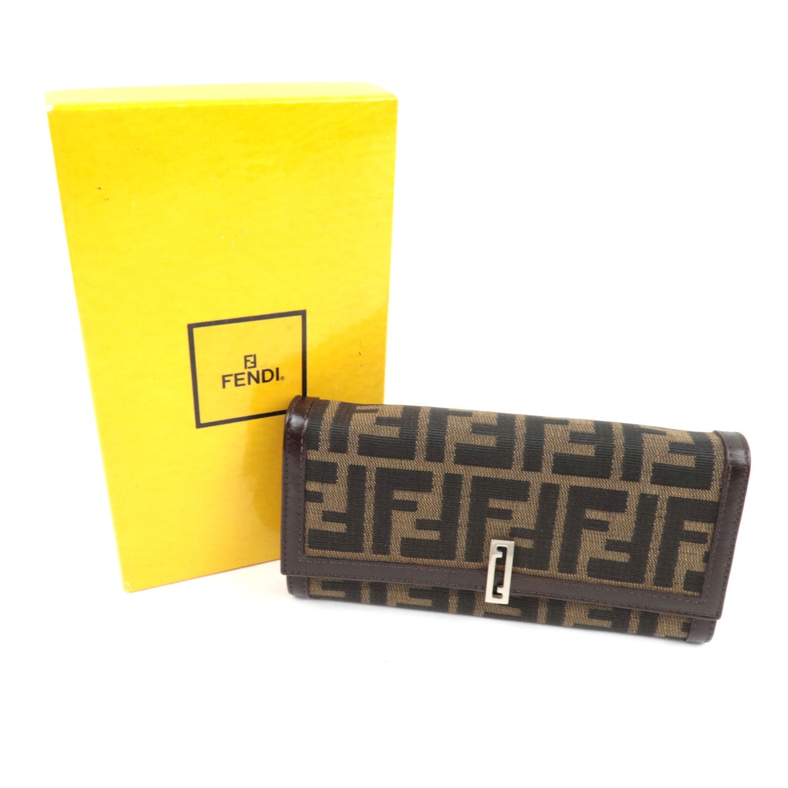 FENDI Zucca Long Wallet Khaki Black Brown 31084 *Box