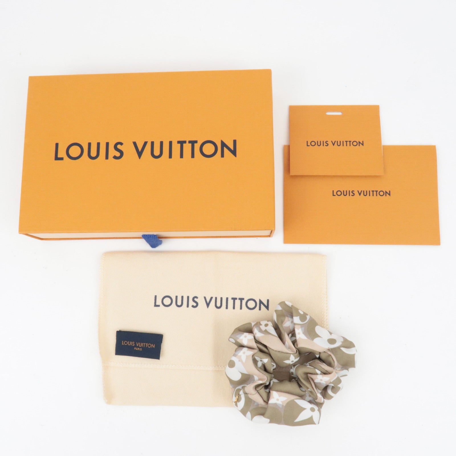 Louis Vuitton Monogram Scrunchie 100% Silk Khaki Beige M77521 FF0262 *Box, Dust bag