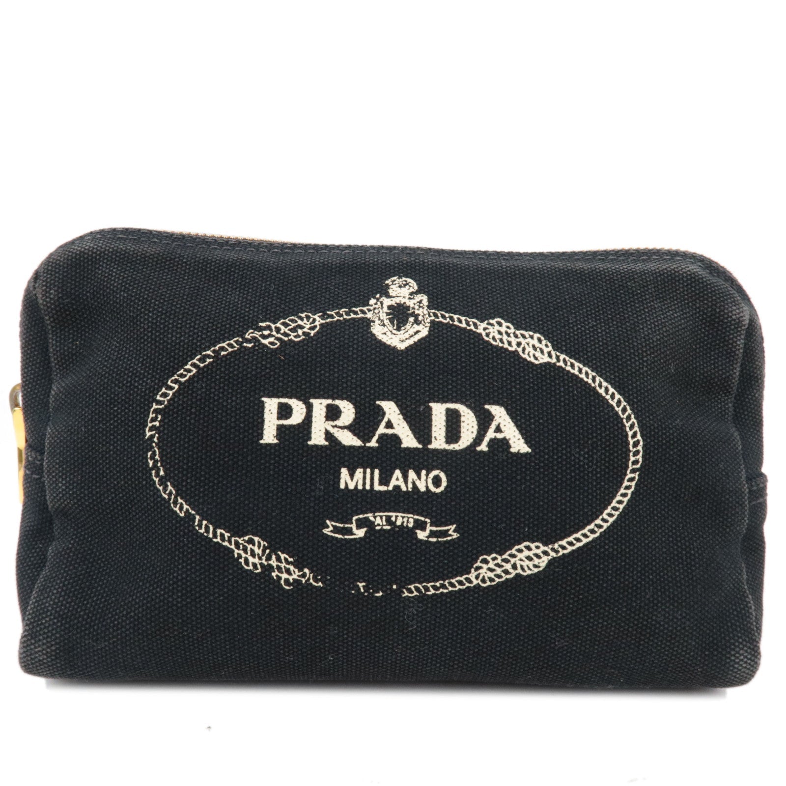 PRADA Canapa Pouch Cosmetic Pouch Canvas Leather Black   76717