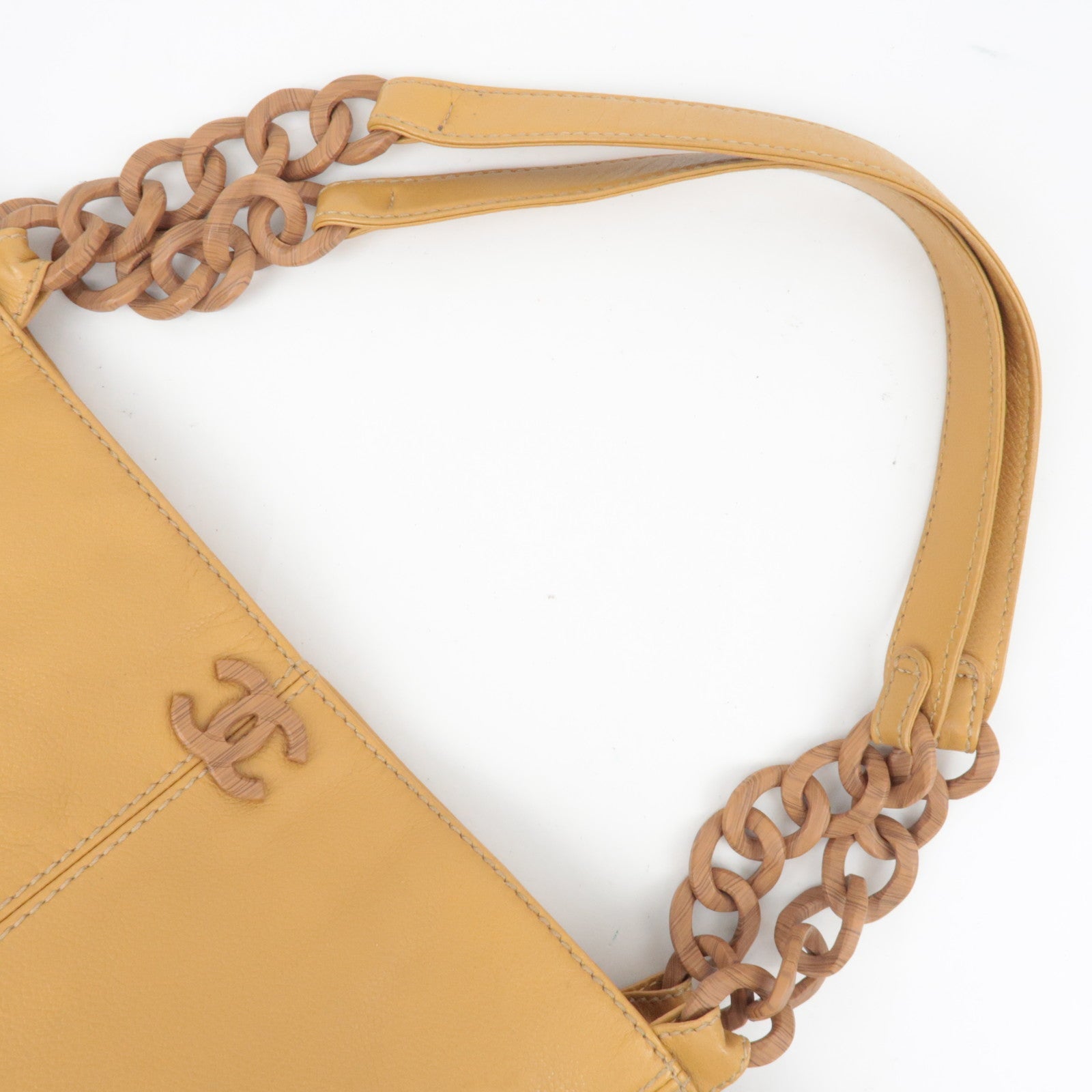 CHANEL Wood Handle Chain Tote Bag Leather Camel 8682797