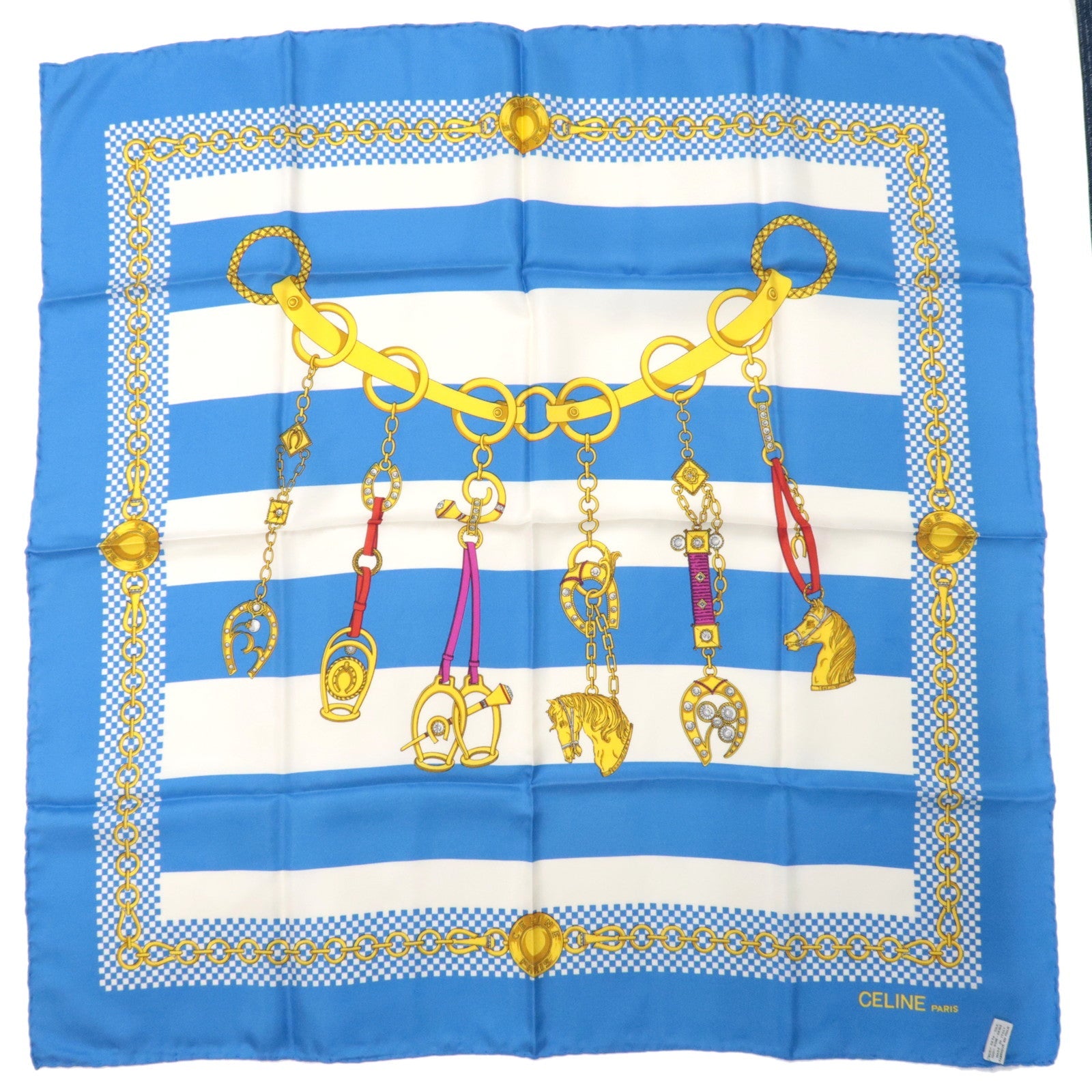 CELINE Scarf Stripe Print 100% Silk Blue   76761