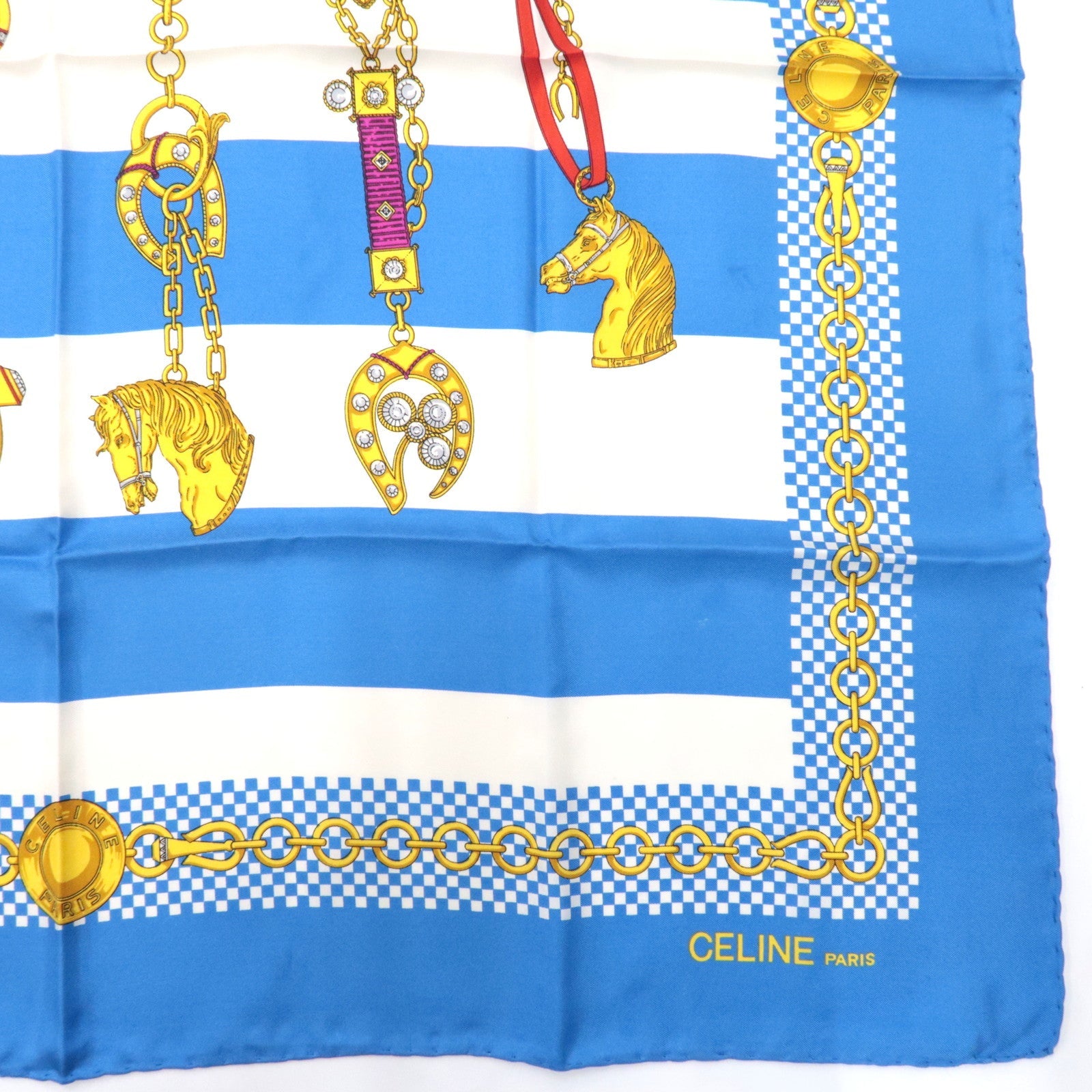 CELINE Scarf Stripe Print 100% Silk Blue