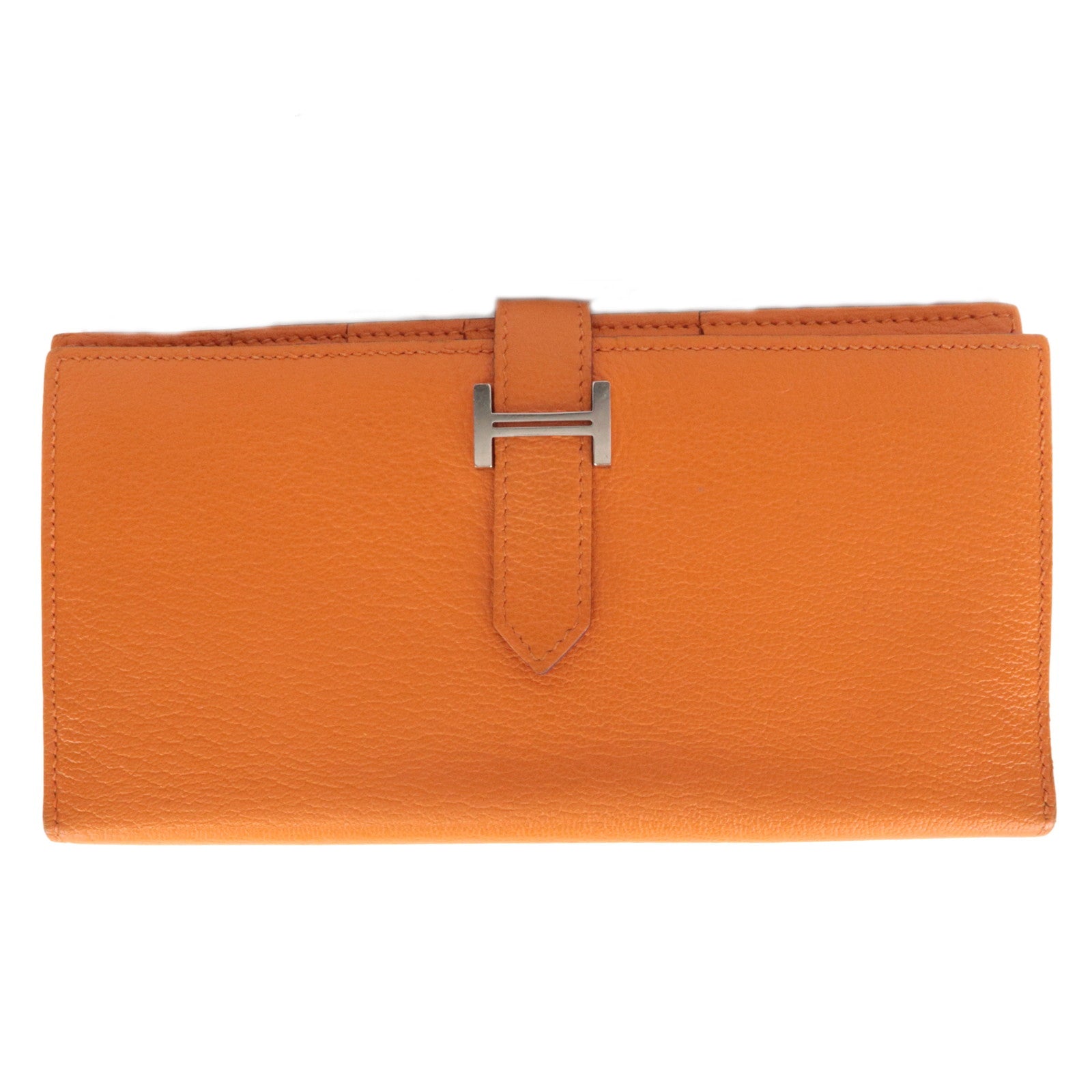 HERMES  Bearn Soufflet Long Wallet □Q Stamp (2013) Chevre Orange Silver HDW *Box76812