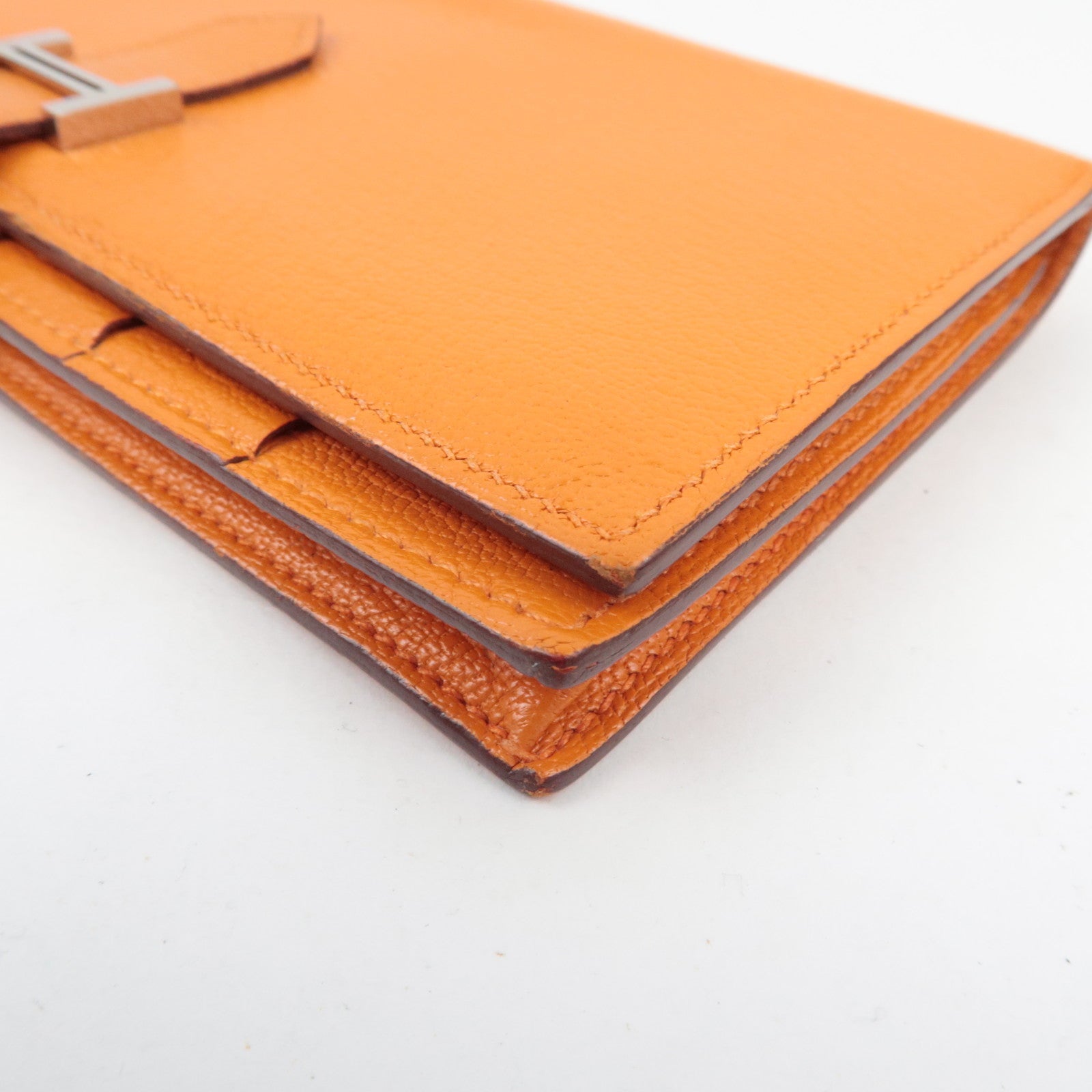 HERMES Bearn Soufflet Long Wallet □Q Stamp (2013) Chevre Orange Silver HDW *Box