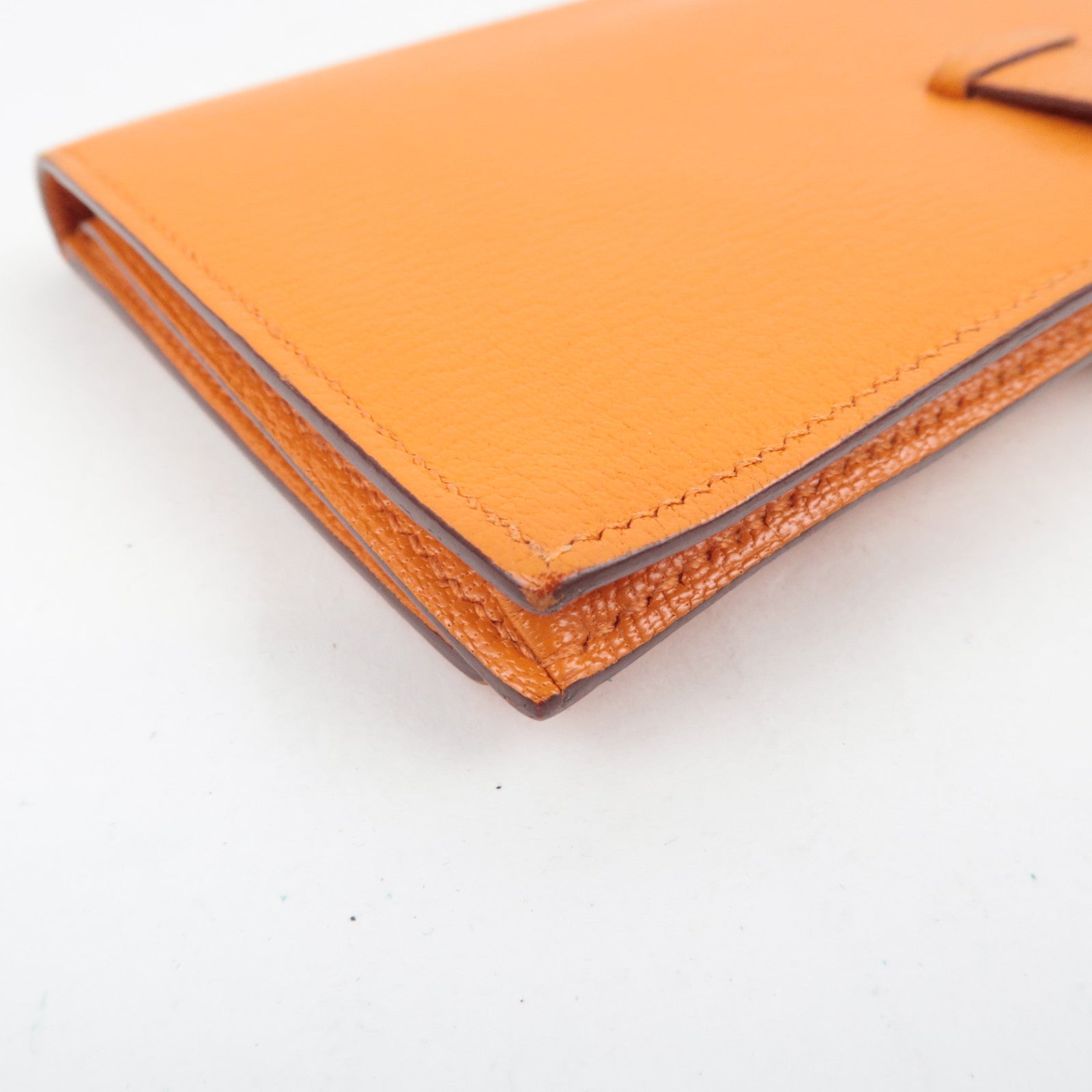 HERMES Bearn Soufflet Long Wallet □Q Stamp (2013) Chevre Orange Silver HDW *Box