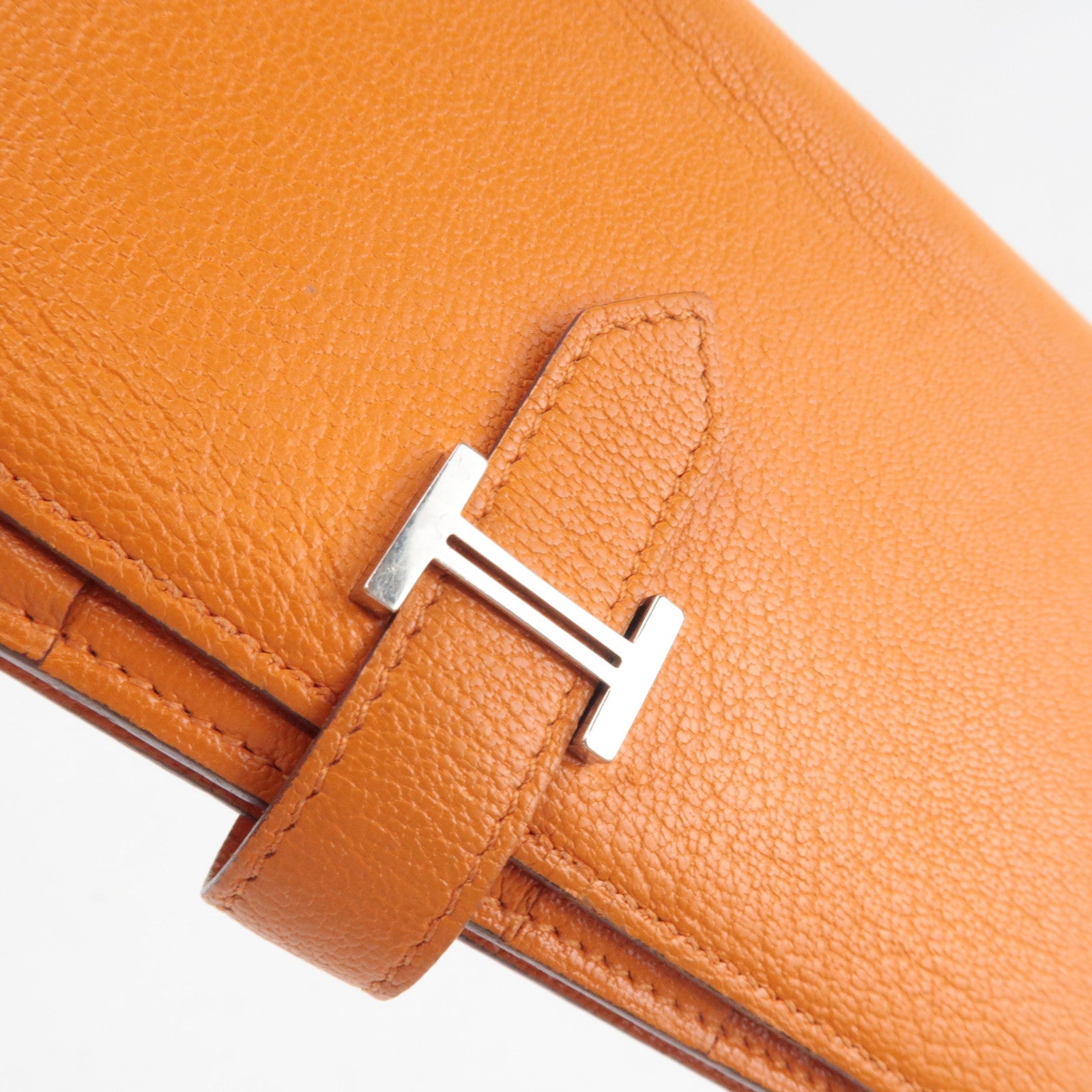 HERMES Bearn Soufflet Long Wallet □Q Stamp (2013) Chevre Orange Silver HDW *Box