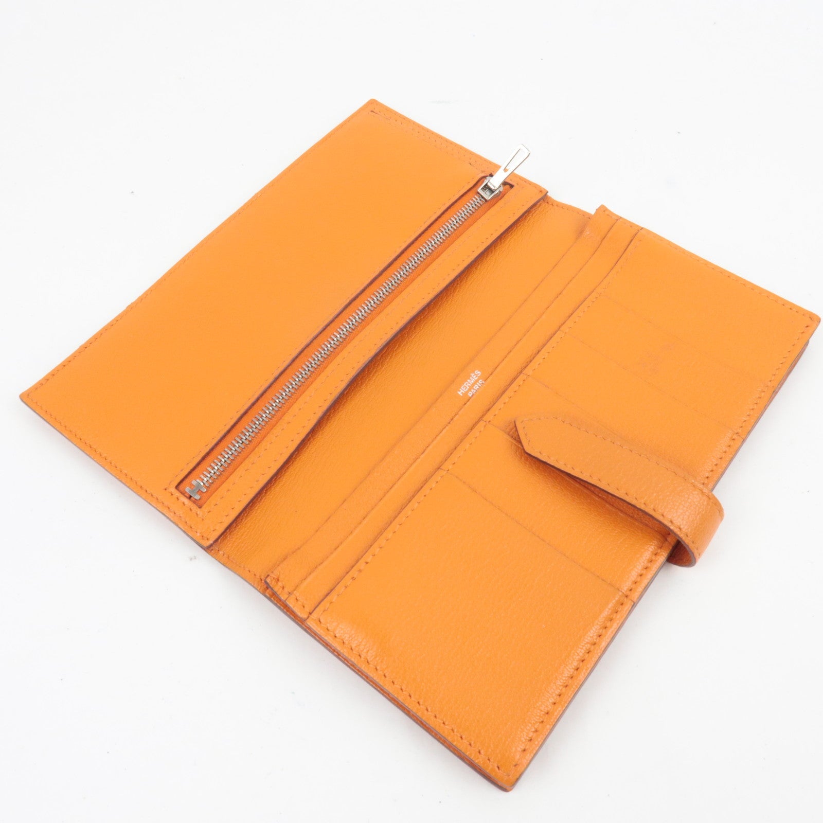 HERMES Bearn Soufflet Long Wallet □Q Stamp (2013) Chevre Orange Silver HDW *Box