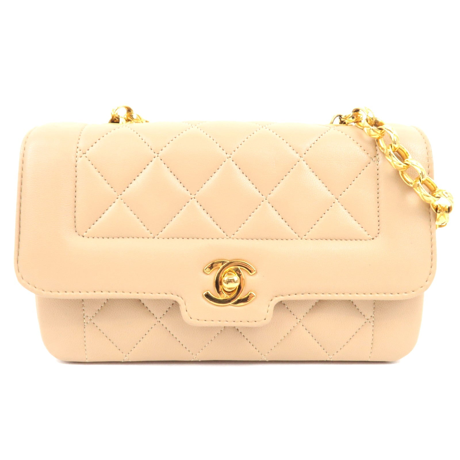 CHANEL Matelasse Chain Shoulder Bag With Bijou Chain Lambskin Beige Gold HDW *Box, Dust bag, G card76889