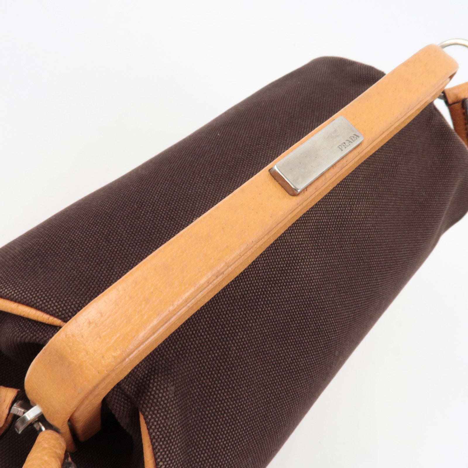 PRADA Kiss Lock Shoulder Bag Canvas Leather Brown *Dust bag, Clochette