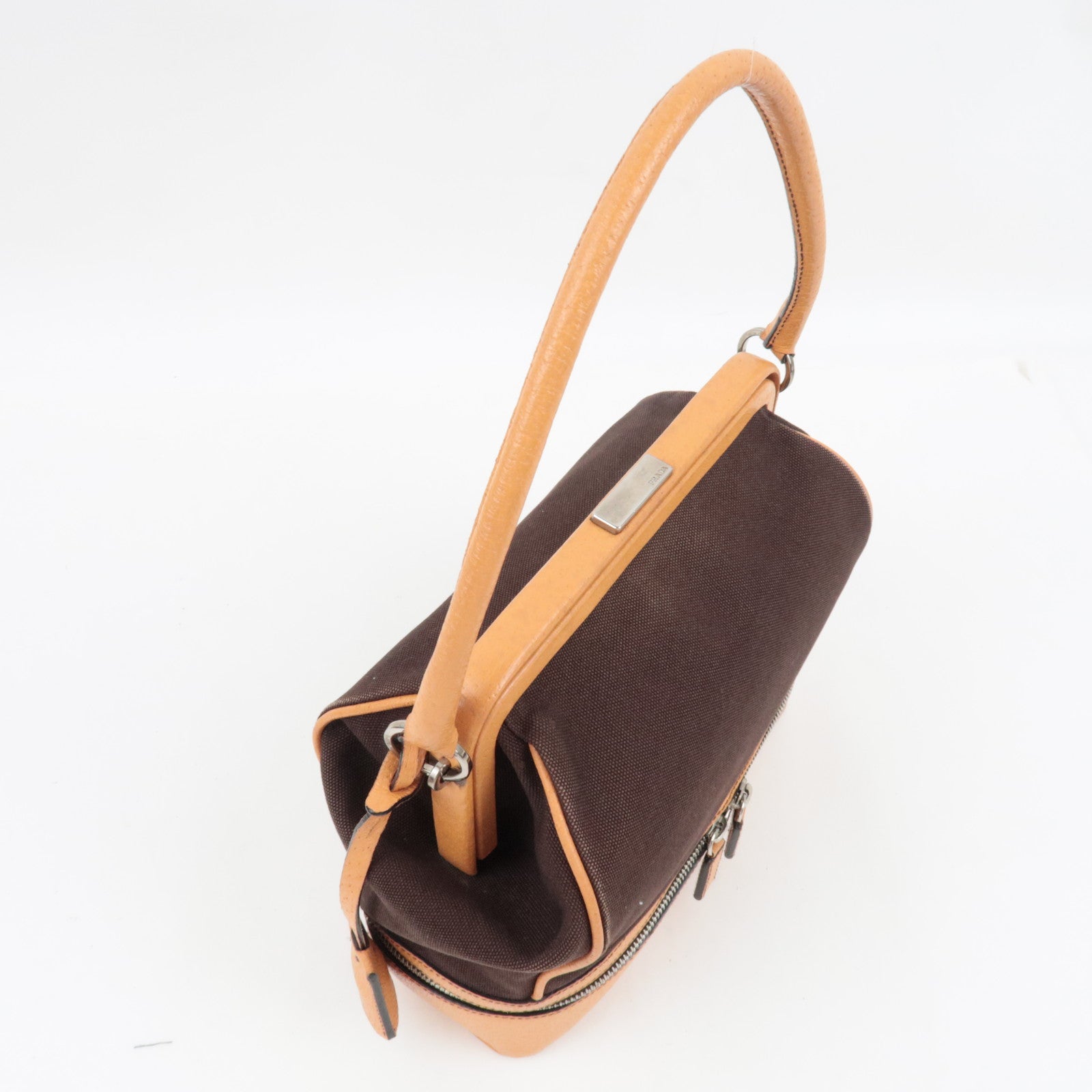 PRADA Kiss Lock Shoulder Bag Canvas Leather Brown *Dust bag, Clochette