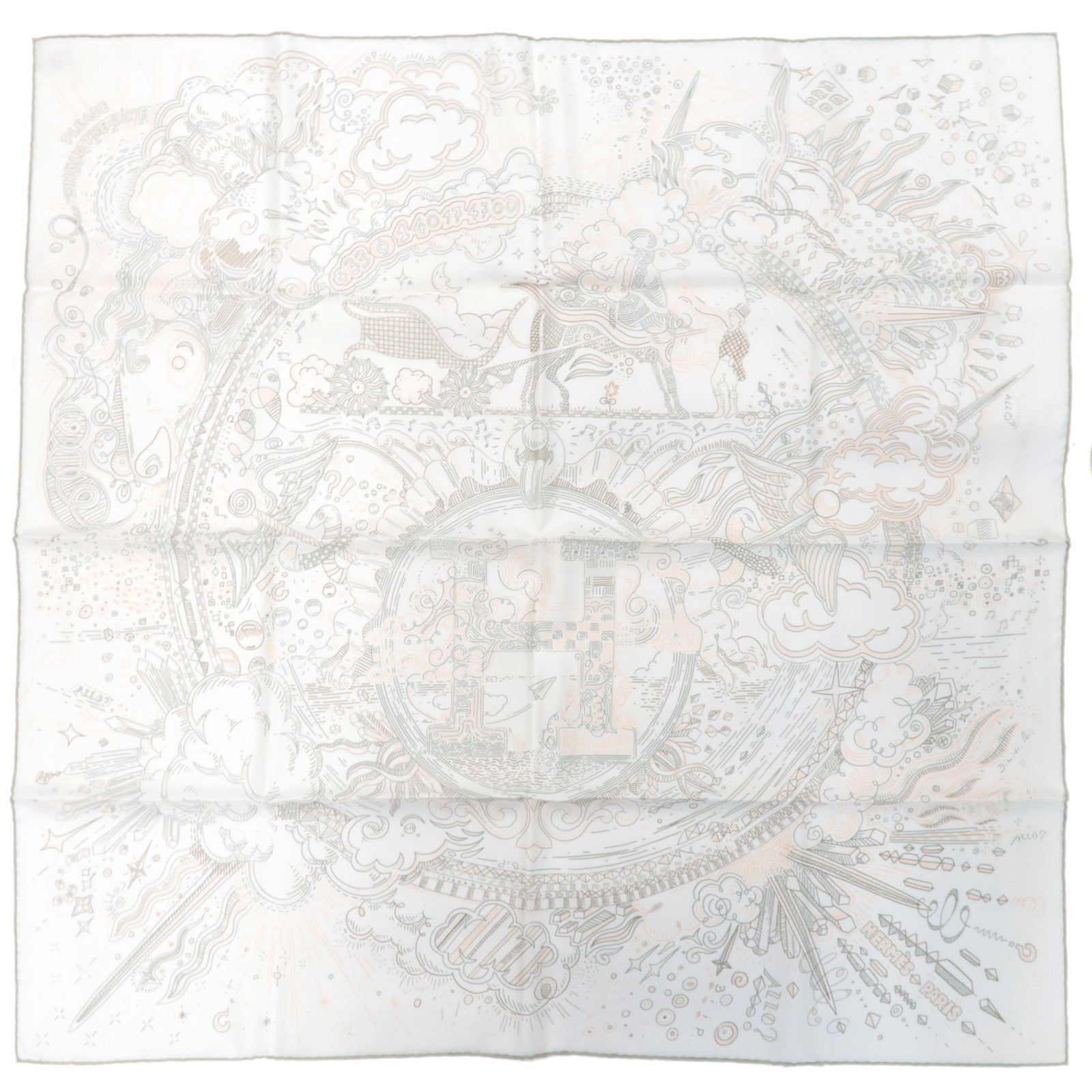 HERMES Carre 90 Scarf PLEASE HOLD THE LINE 2025 S/S Collection 100% Silk Ivory *Box76912