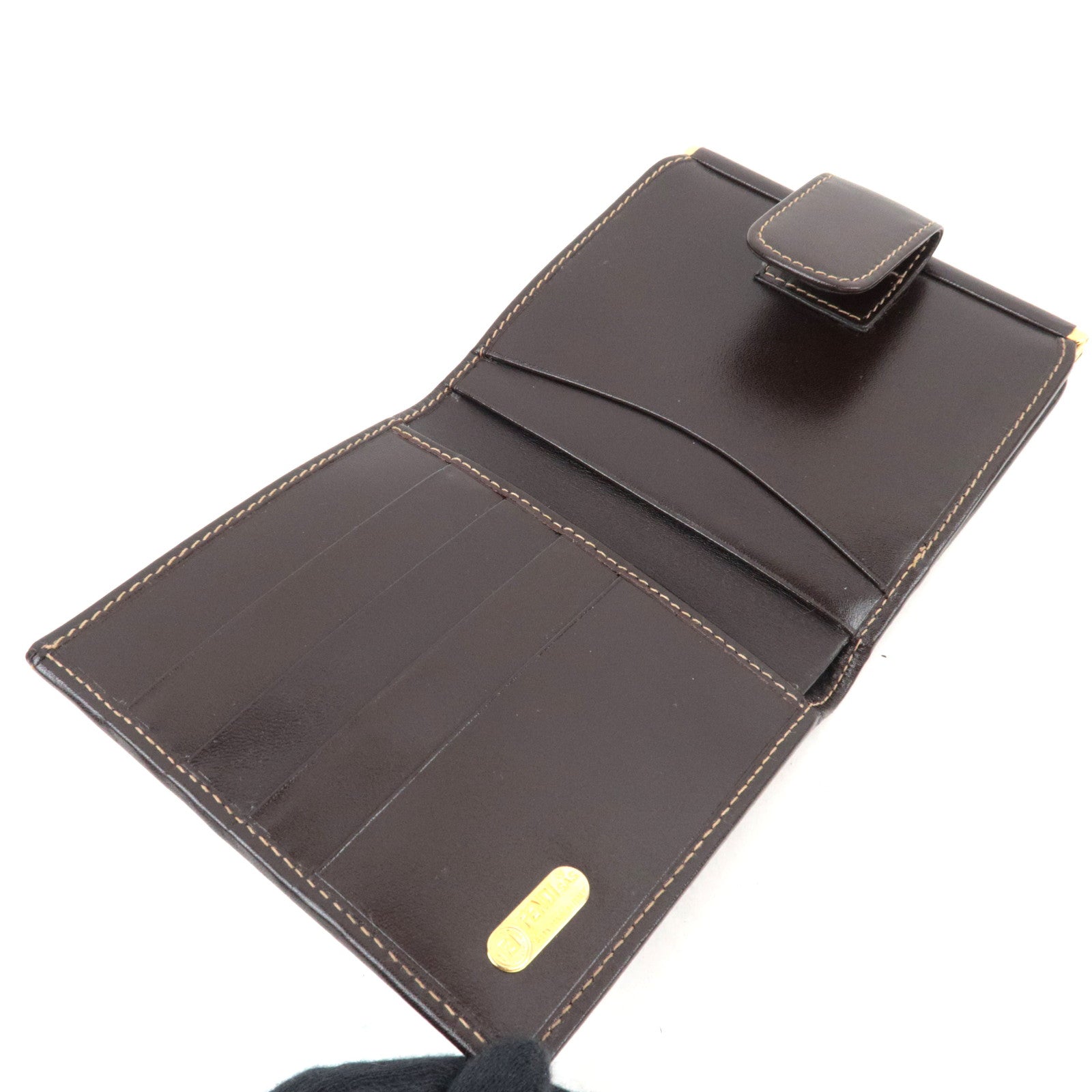 FENDI Zucca Kiss Lock  Bi-Fold Wallet Canvas Leather Brown Black 30782