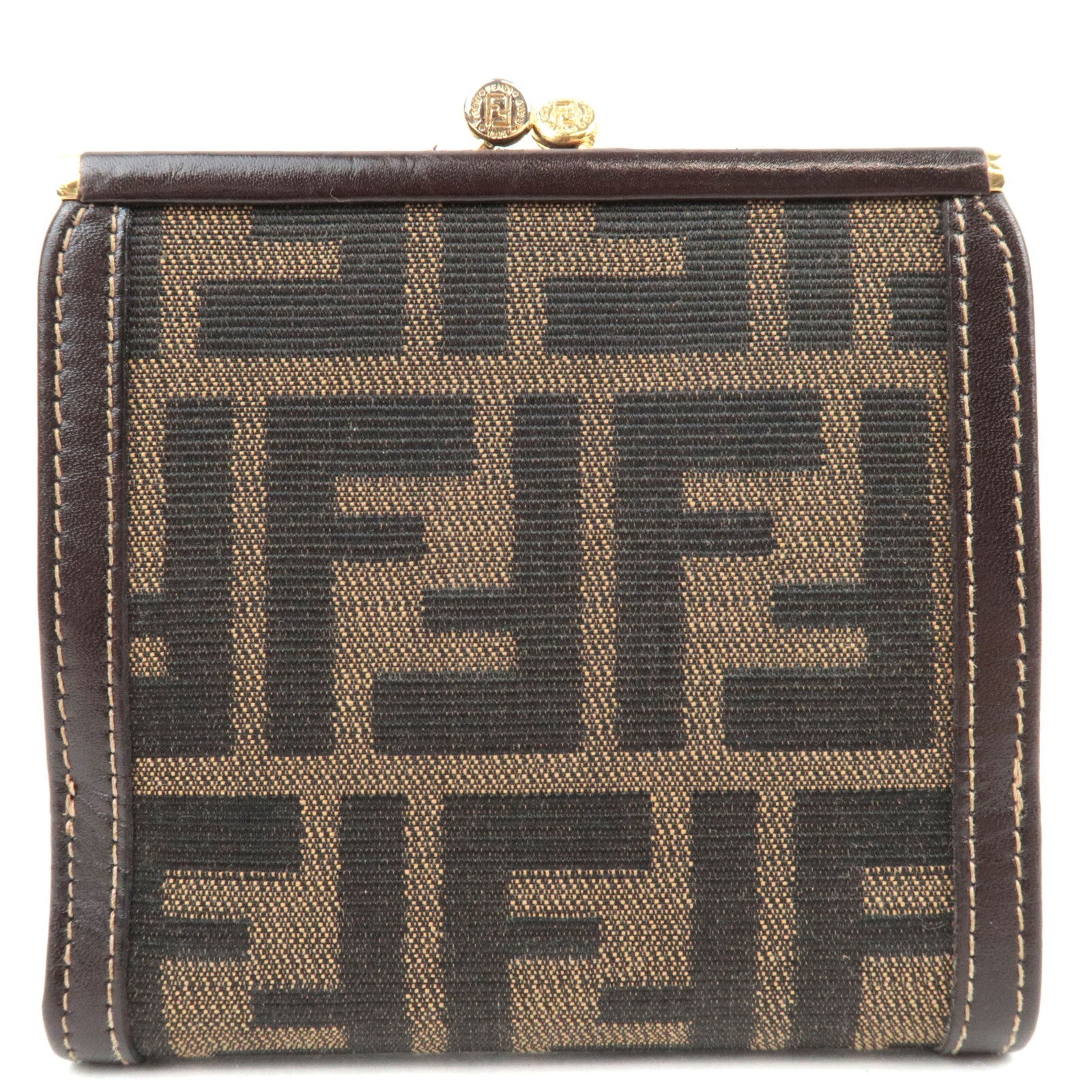 FENDI Zucca Kiss Lock  Bi-Fold Wallet Canvas Leather Brown Black 30782
