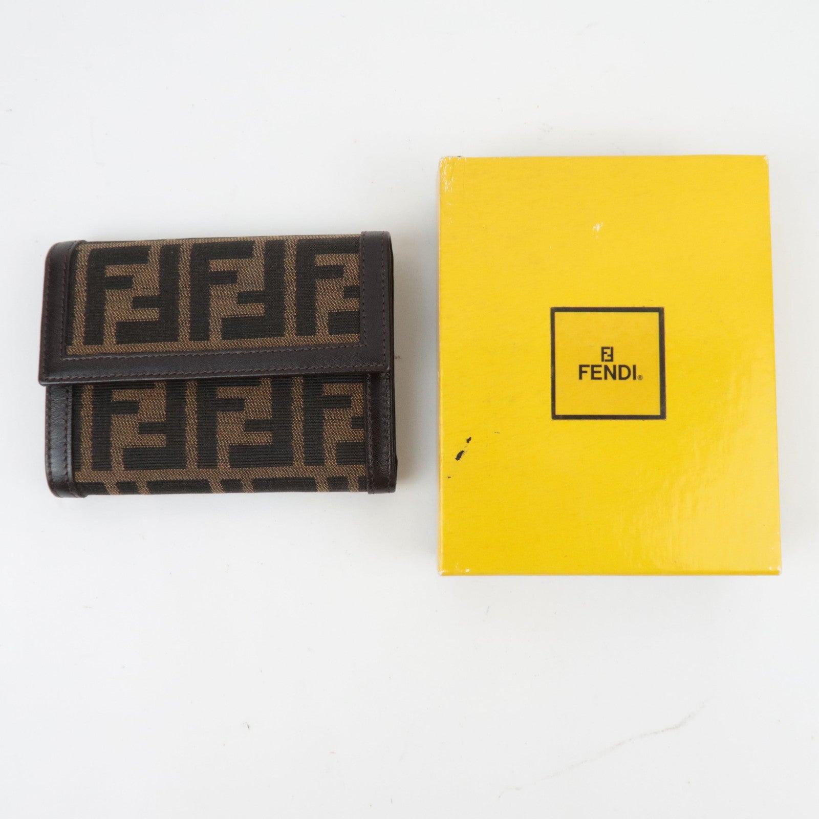 FENDI Zucca Tri-Fold Wallet Canvas Leather Brown Black 30729 *Box