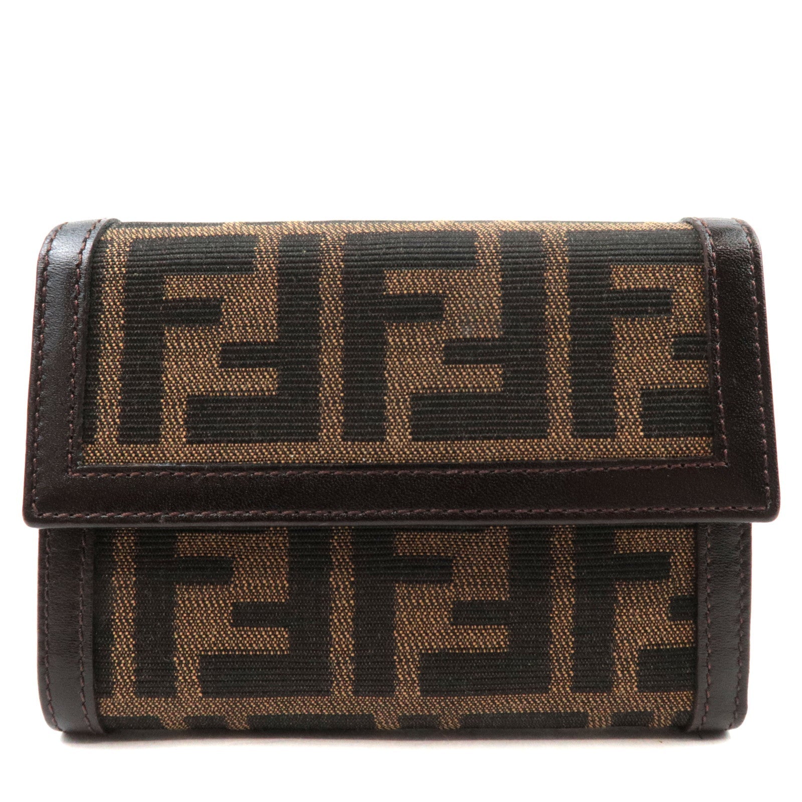 FENDI Zucca Tri-Fold Wallet Canvas Leather Brown Black 30729 *Box77078