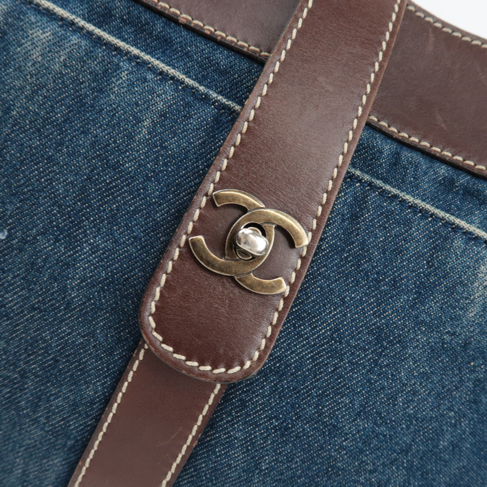 CHANEL Tote Bag Denim Leather Blue Brown 6114009