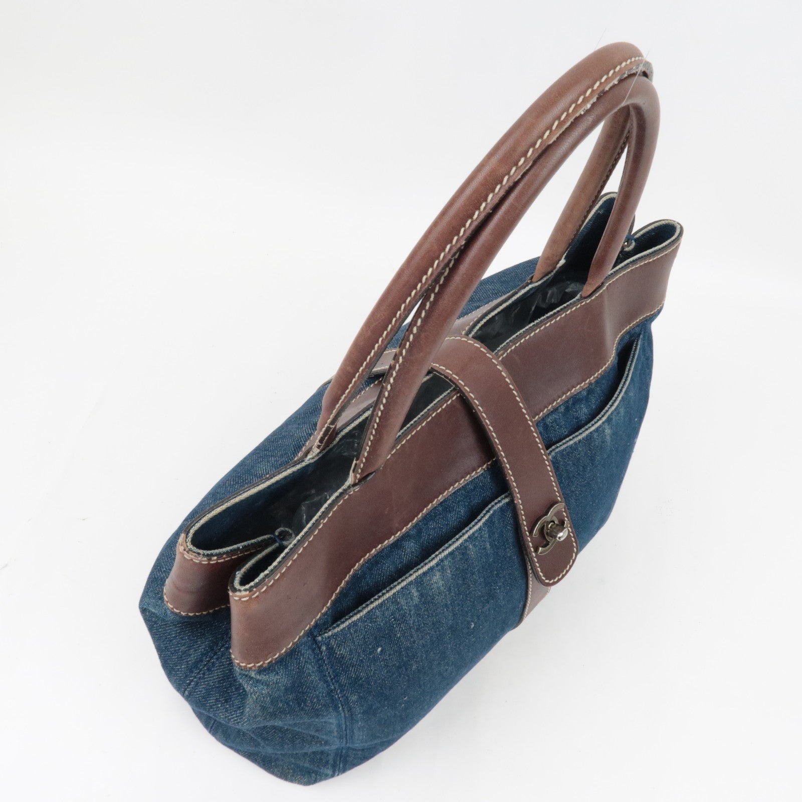 CHANEL Tote Bag Denim Leather Blue Brown 6114009