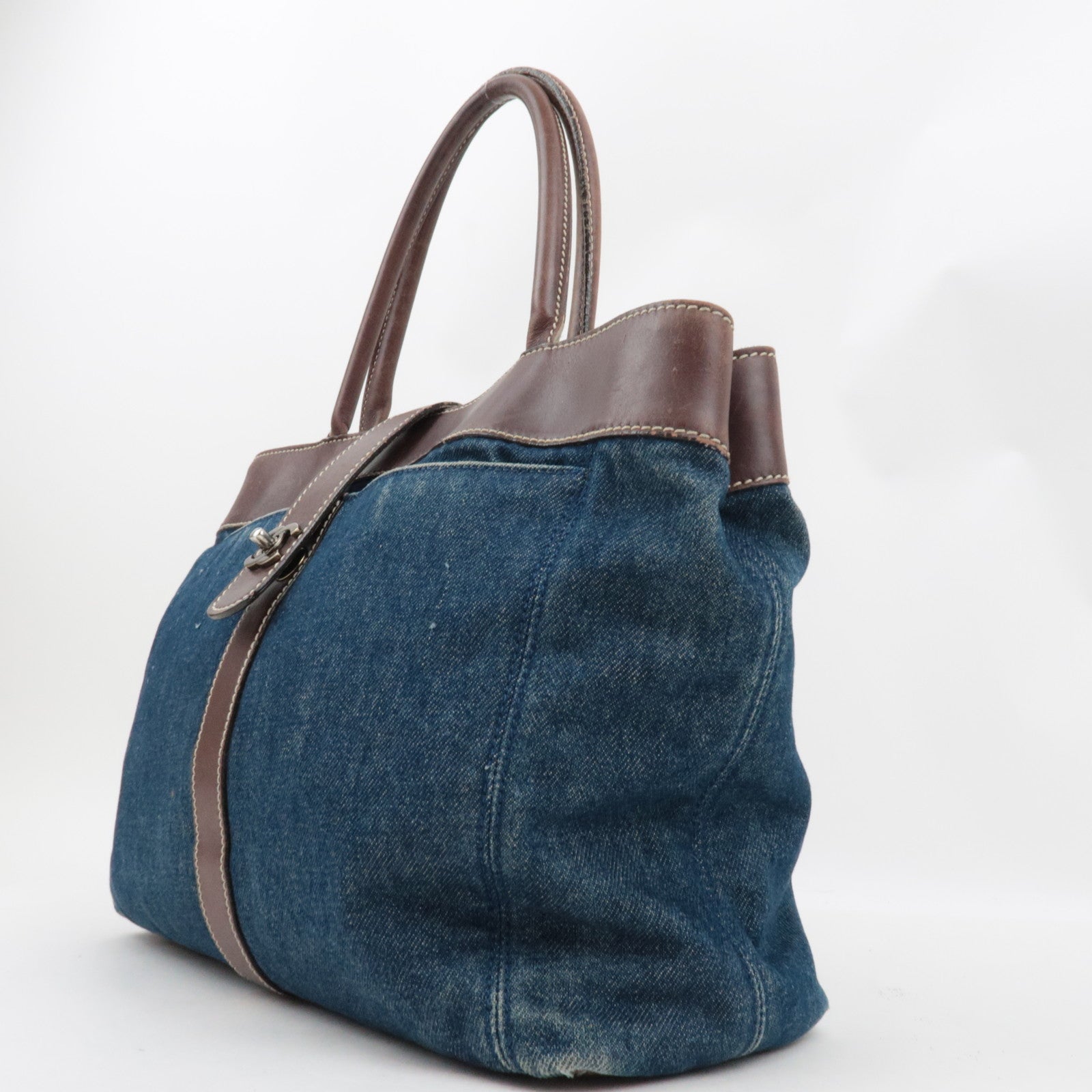 CHANEL Tote Bag Denim Leather Blue Brown 6114009