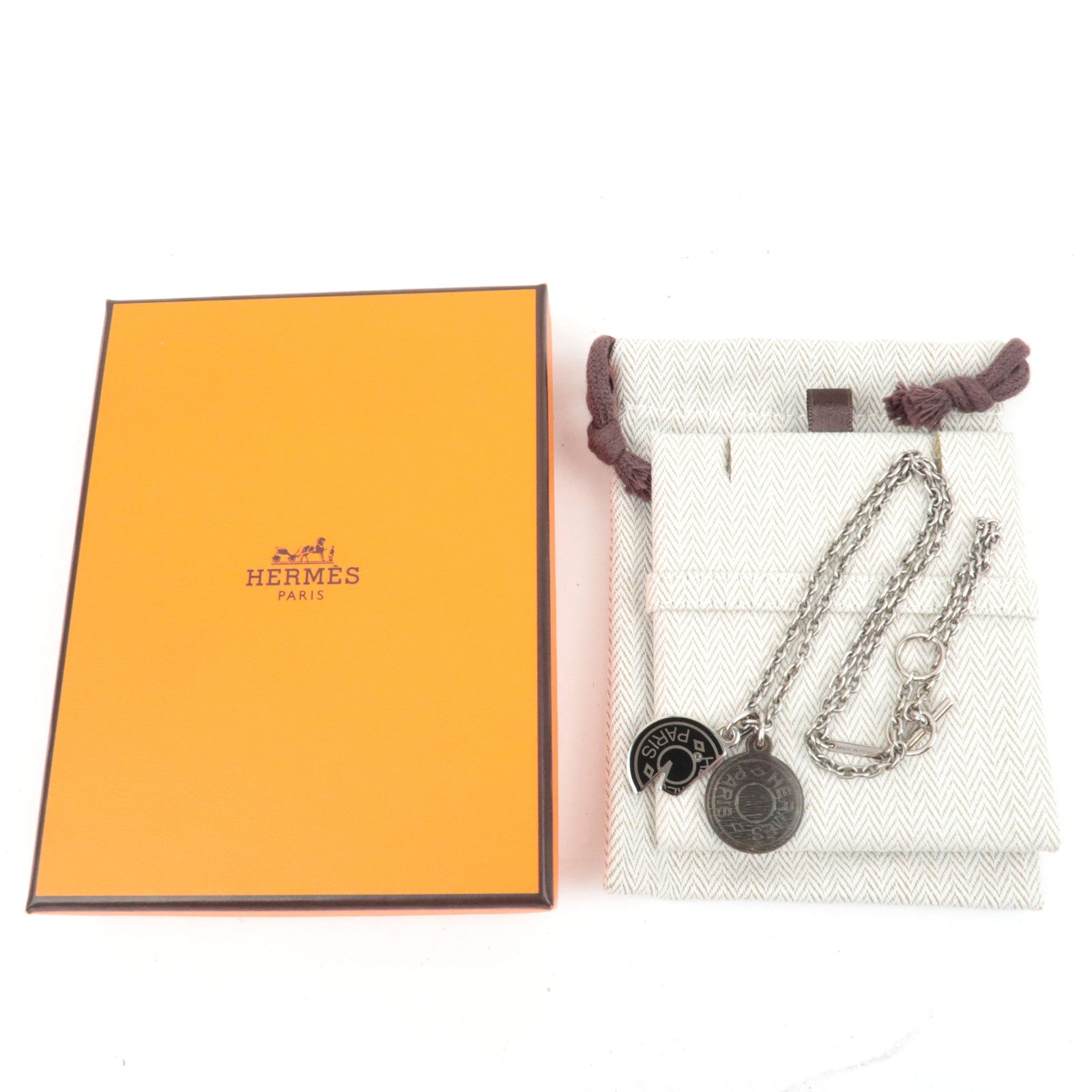HERMES Carousel Necklace Length  48cm Metal Buffalo Horn Silver Black *Box, Dust bag