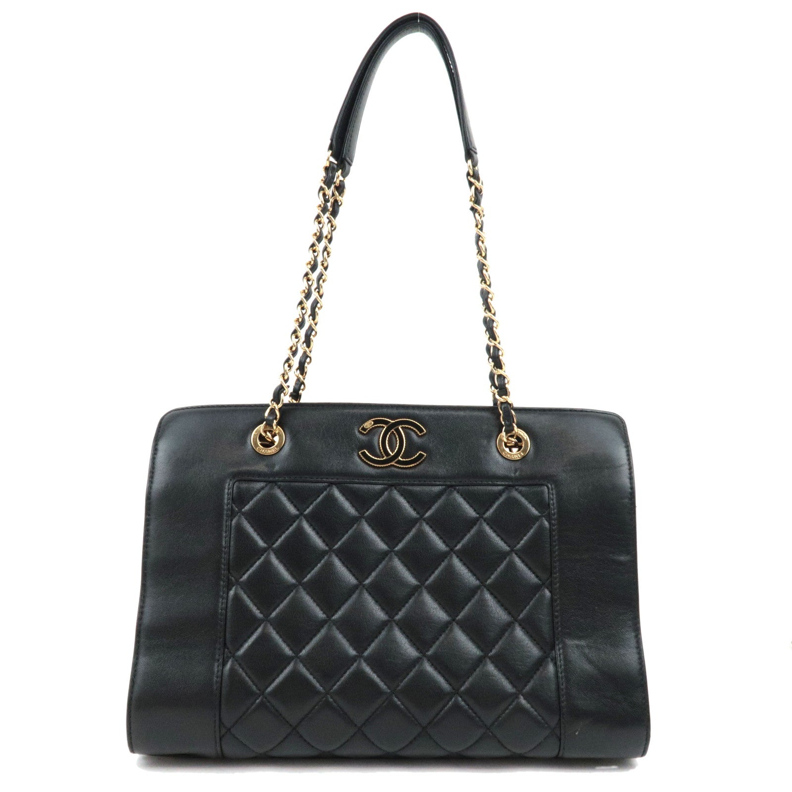 CHANEL Matelasse Chain Tote Bag Lambskin Black Gold HDW 23107851 77126